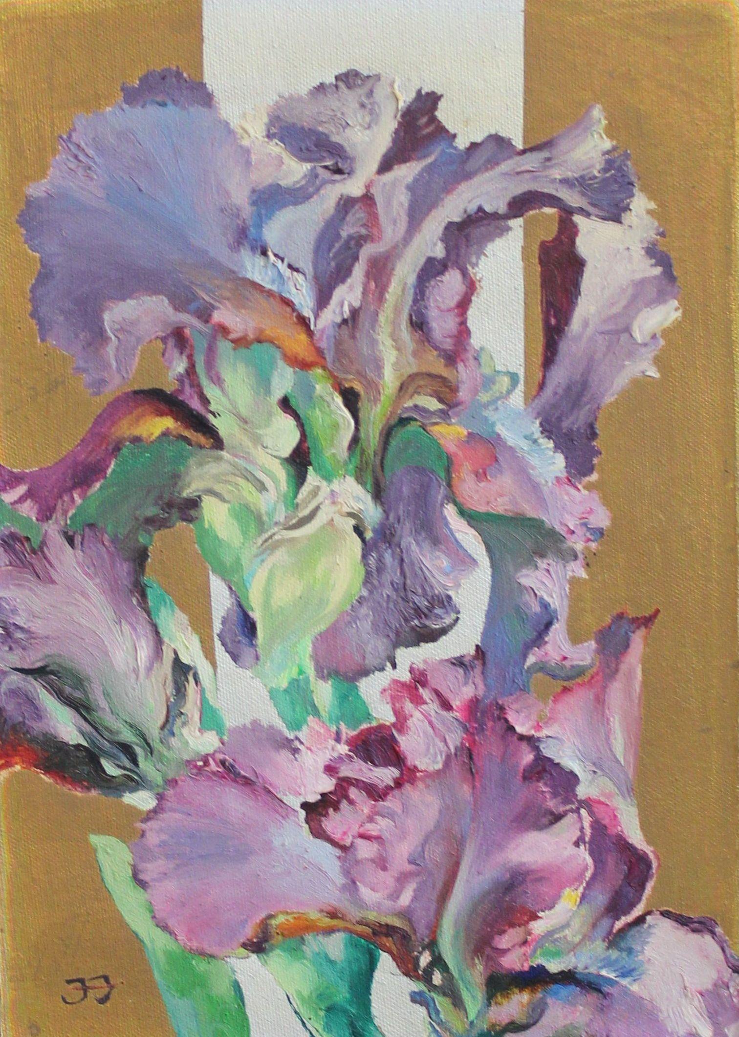 Juris Jurjans  Interior Painting - Purple irises. 1998, canvas, oil, 35x25 cm