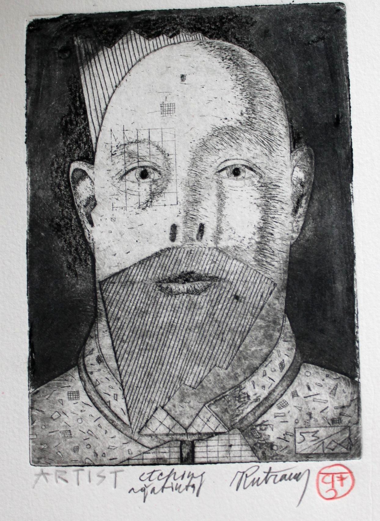 Artista. Papel, aguafuerte, acuarela, 18x13 cm