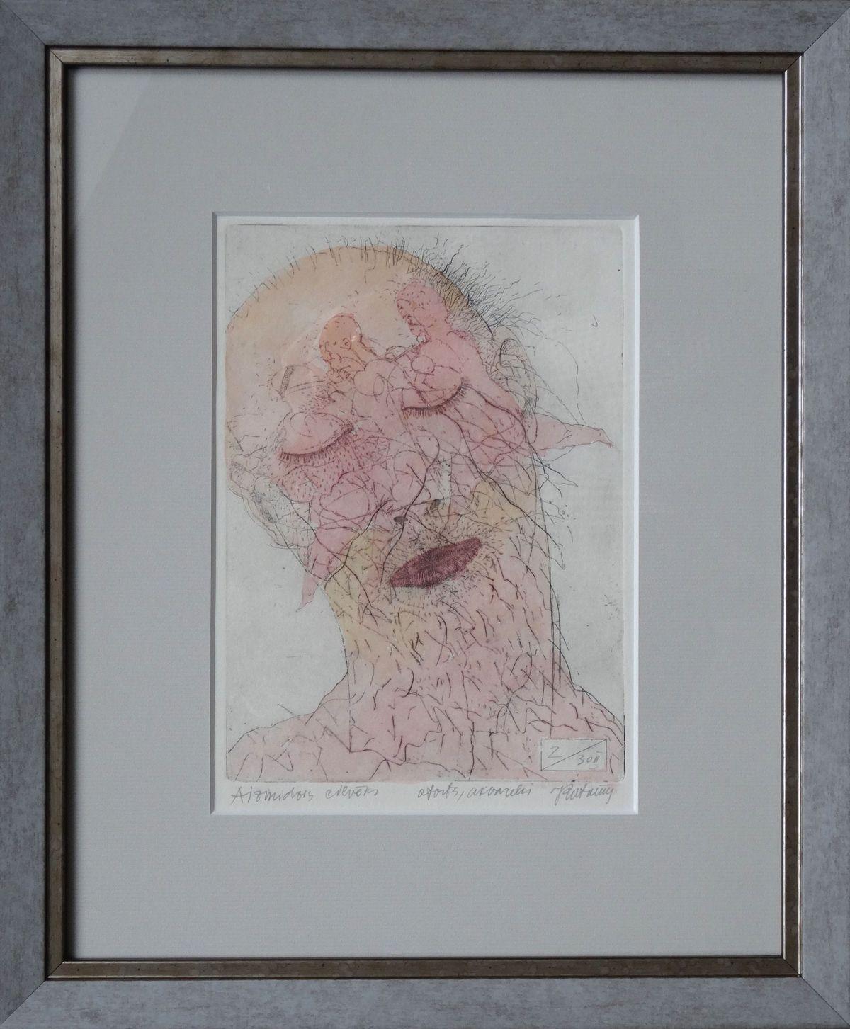 Sleeping man. Paper, etching, watercolor, 19x13 cm - Print by Juris Putrams 