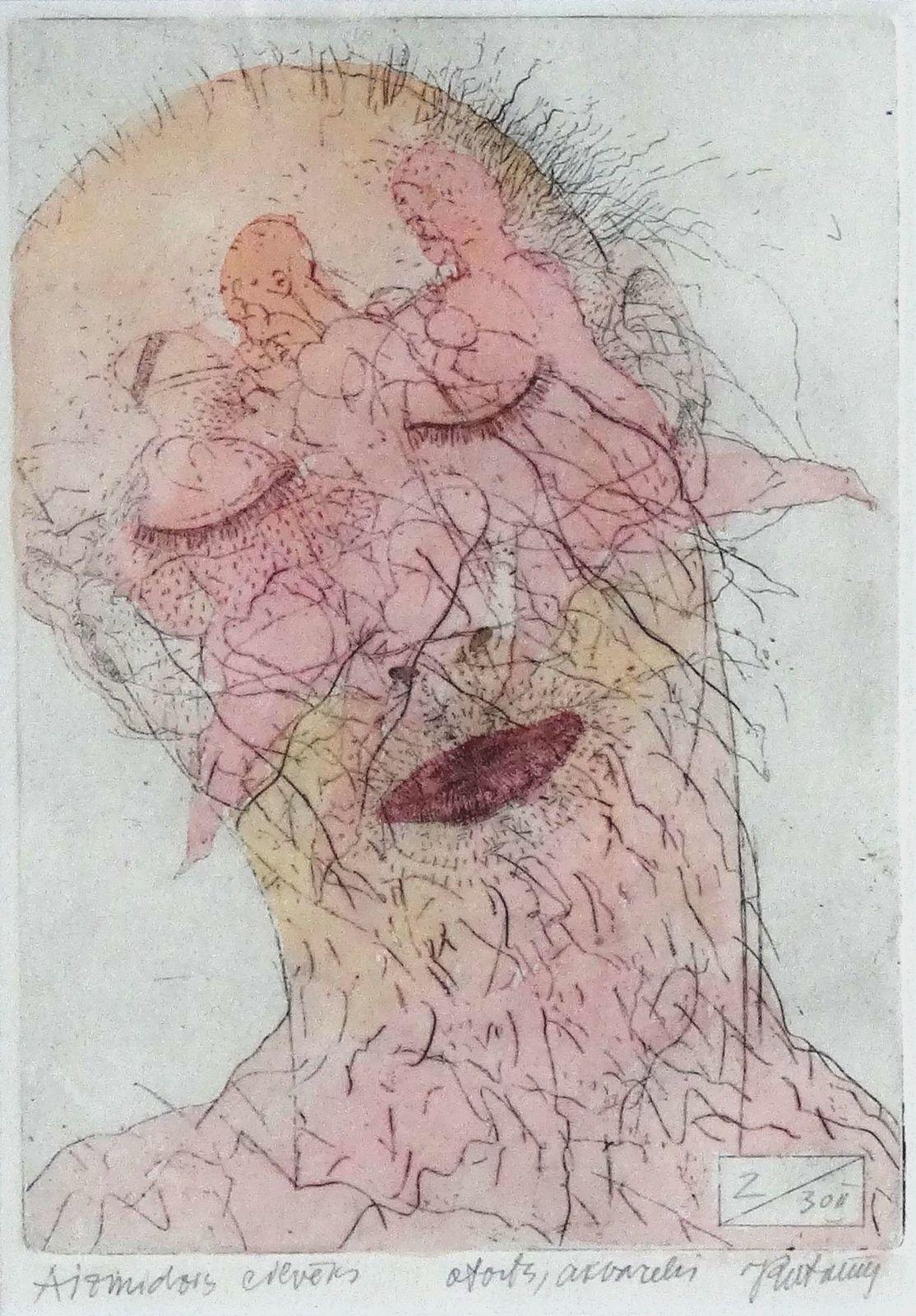 Juris Putrams  Portrait Print - Sleeping man. Paper, etching, watercolor, 19x13 cm