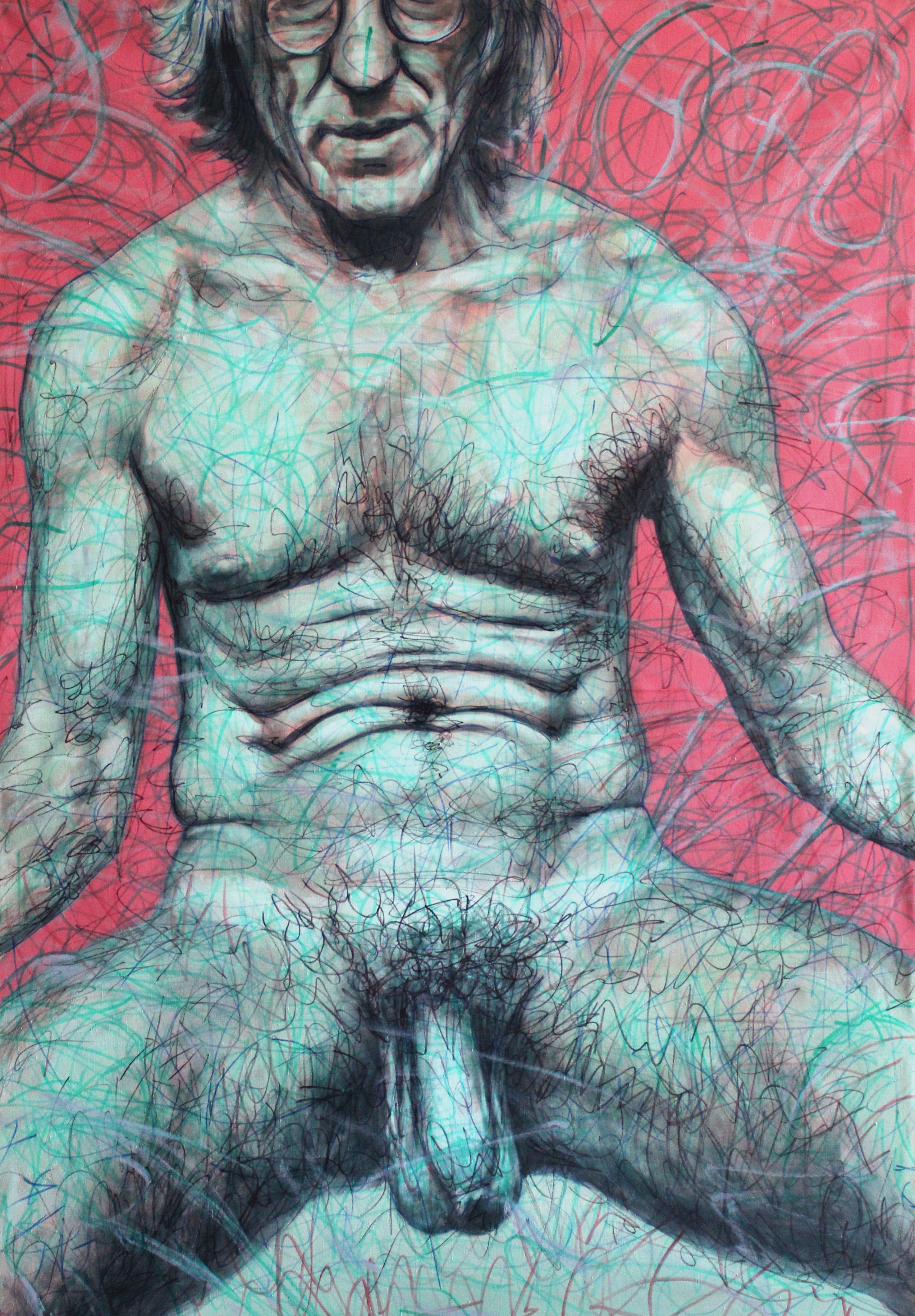 Juris Utans Nude Painting – Selbstporträt 1  Männlicher Akt 2009, Leinwand, Acryl, Filzstift 140x98 cm.
