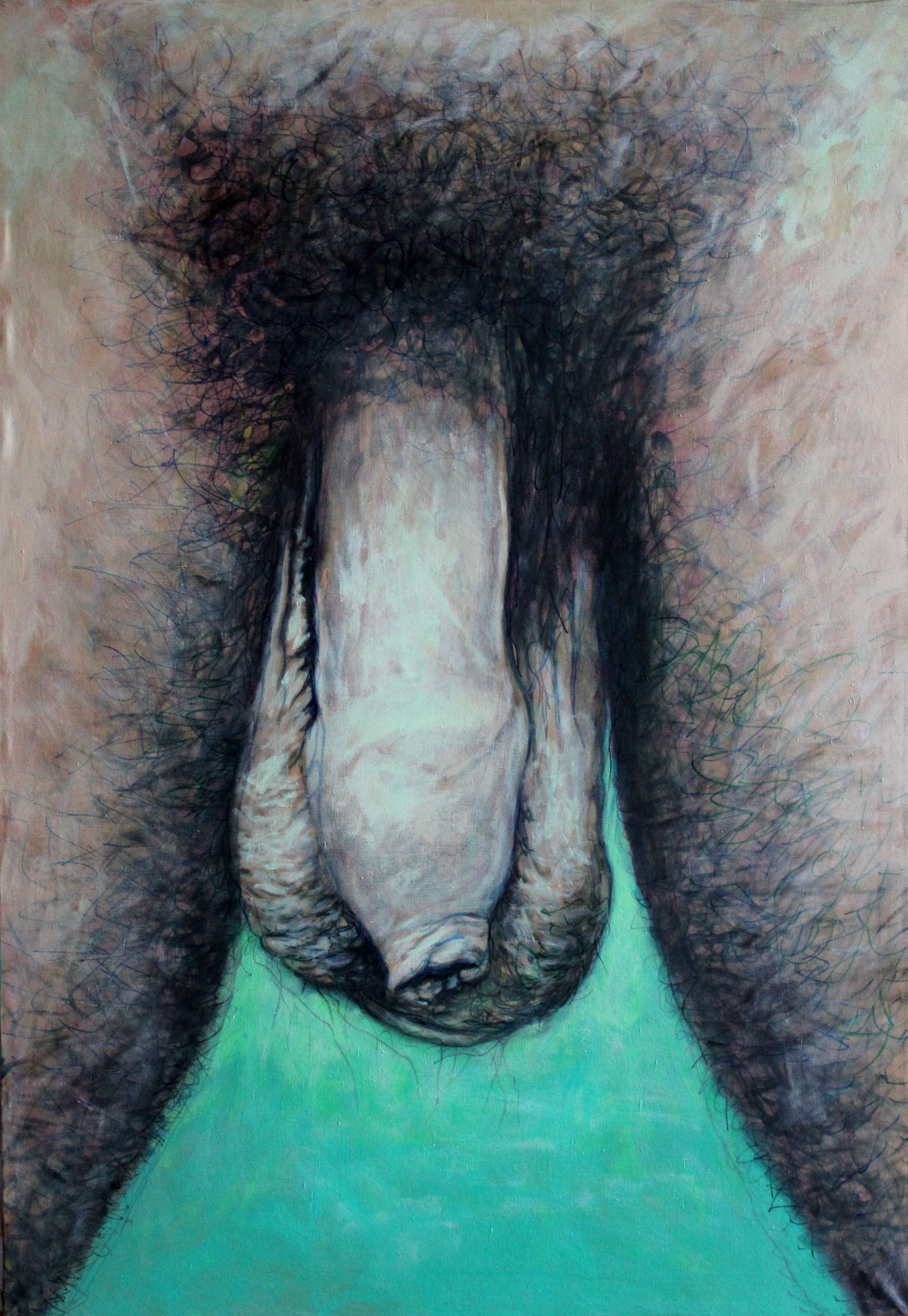 Juris Utans Nude Painting - Self-portrait 2  Male nude 2009, canvas, acrylic, felt tip pen 140x98 cm
