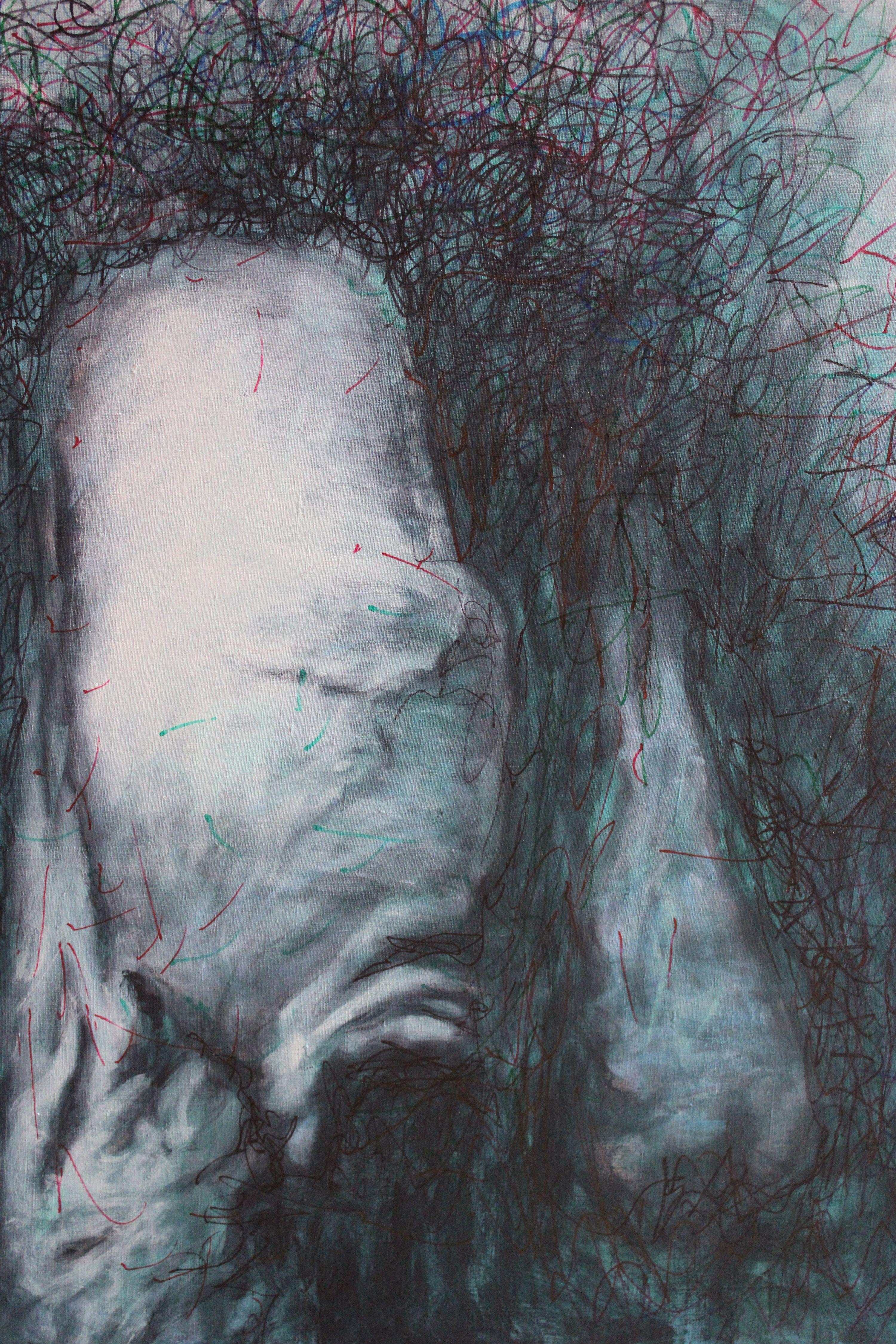 Self-portrait 3  Male nude 2009, canvas, acrylic, felt tip pen 140x98 cm - Gray Nude Painting by Juris Utans