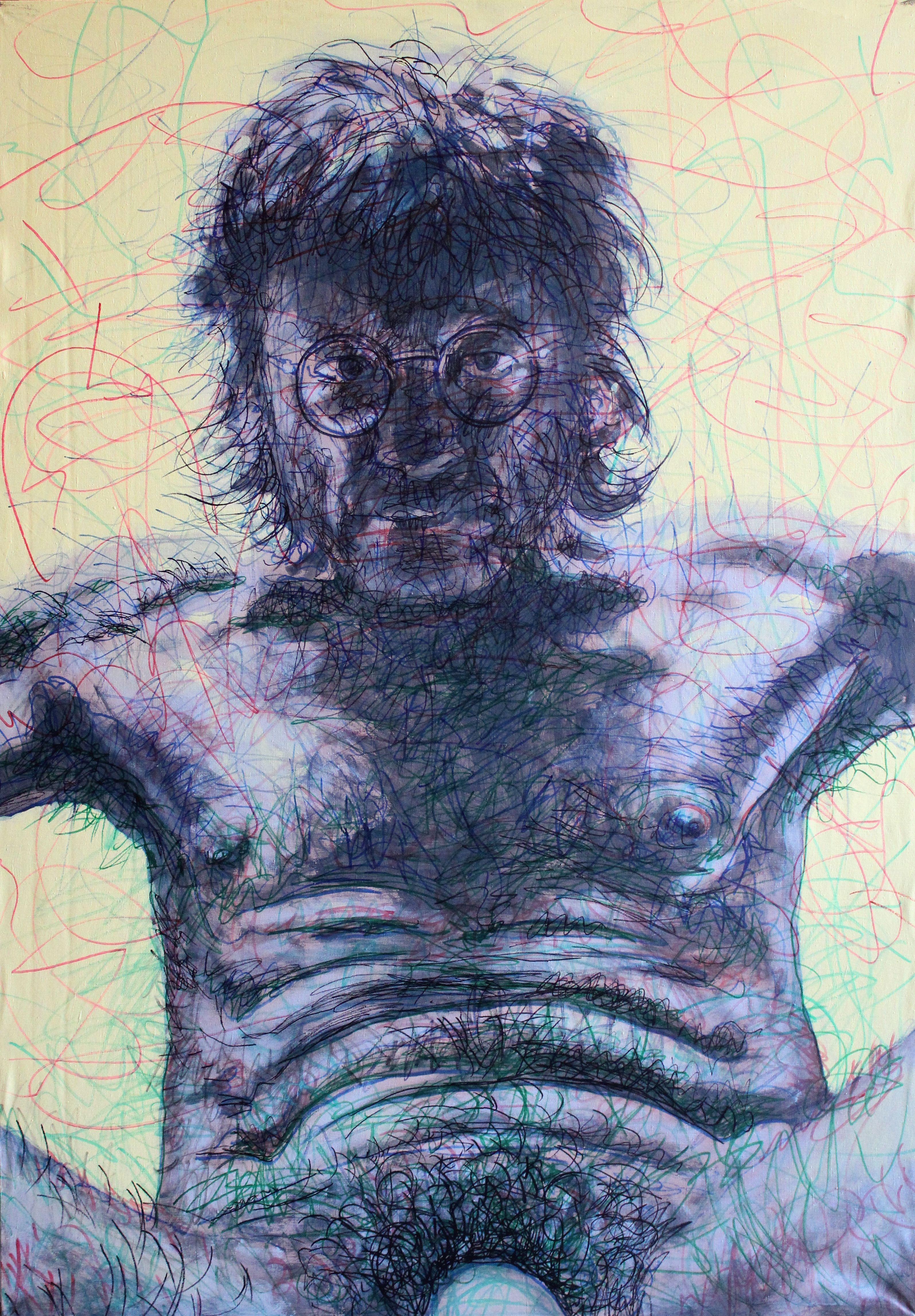 Juris Utans Figurative Painting - Self-portrait 5 Male nude 2009, canvas, acrylic, felt tip pen 140x98 cm