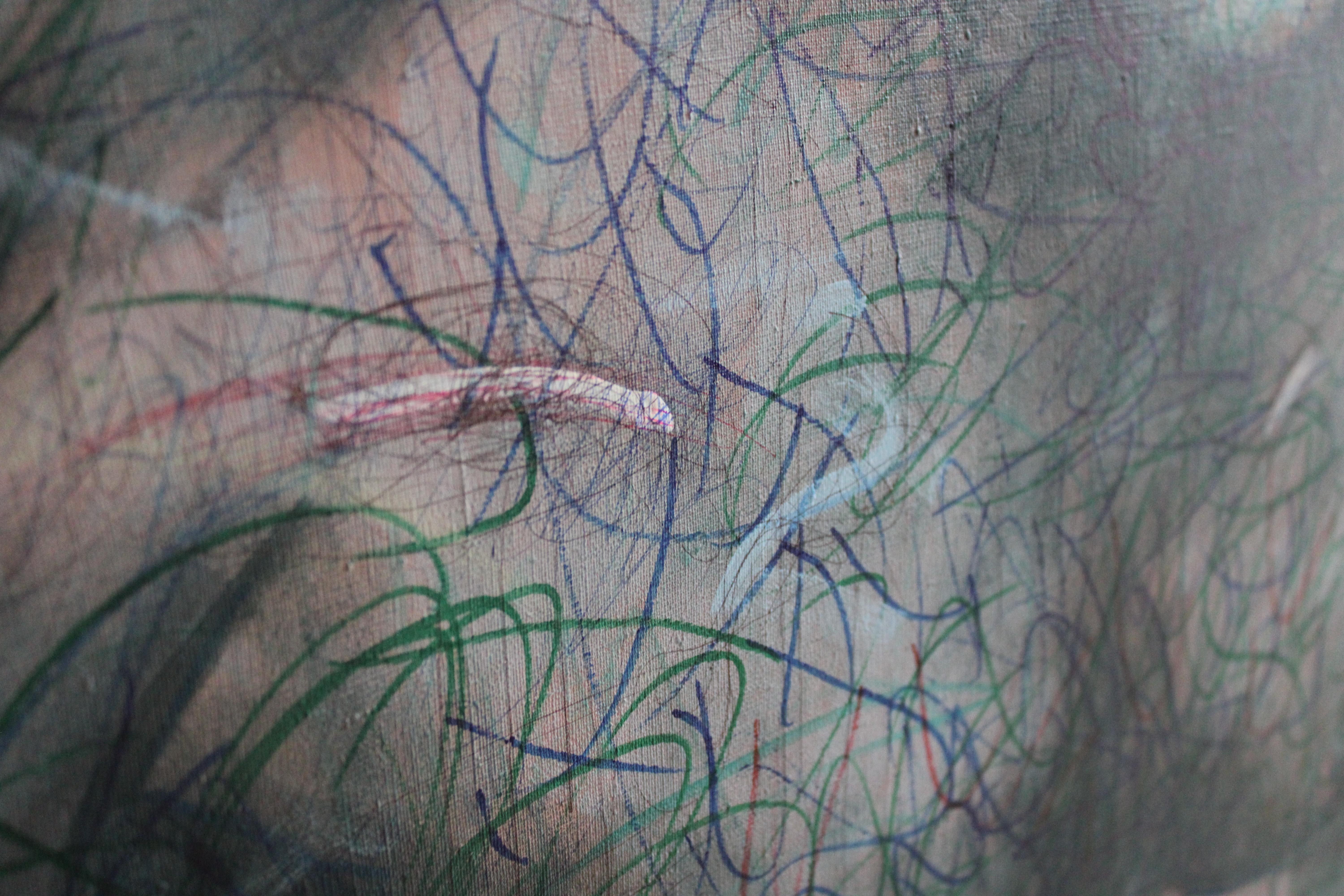 Self-portrait 6  Male nude 2009, canvas, acrylic, felt tip pen 140x98 cm For Sale 5