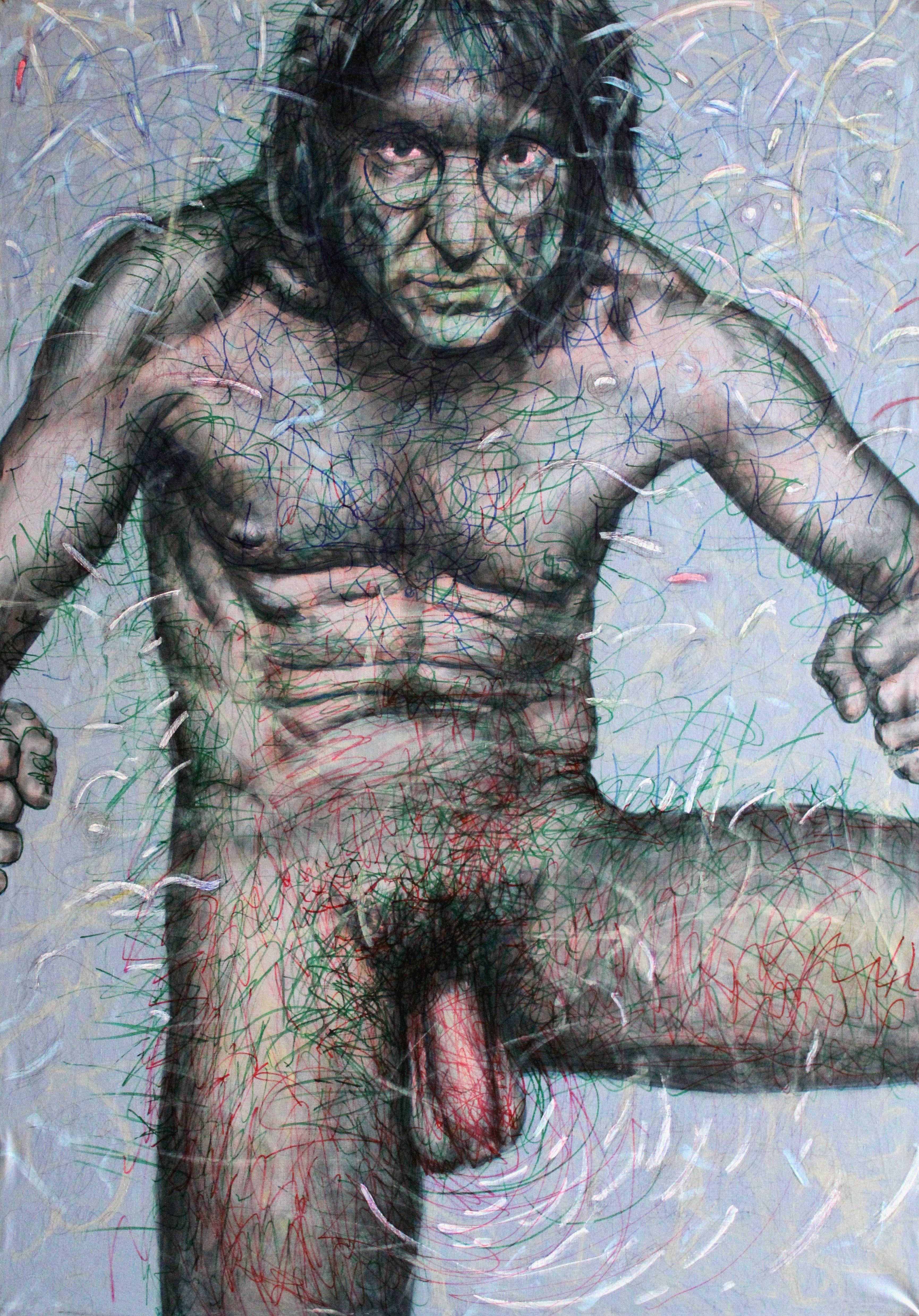 Juris Utans Figurative Painting - Self-portrait 6  Male nude 2009, canvas, acrylic, felt tip pen 140x98 cm