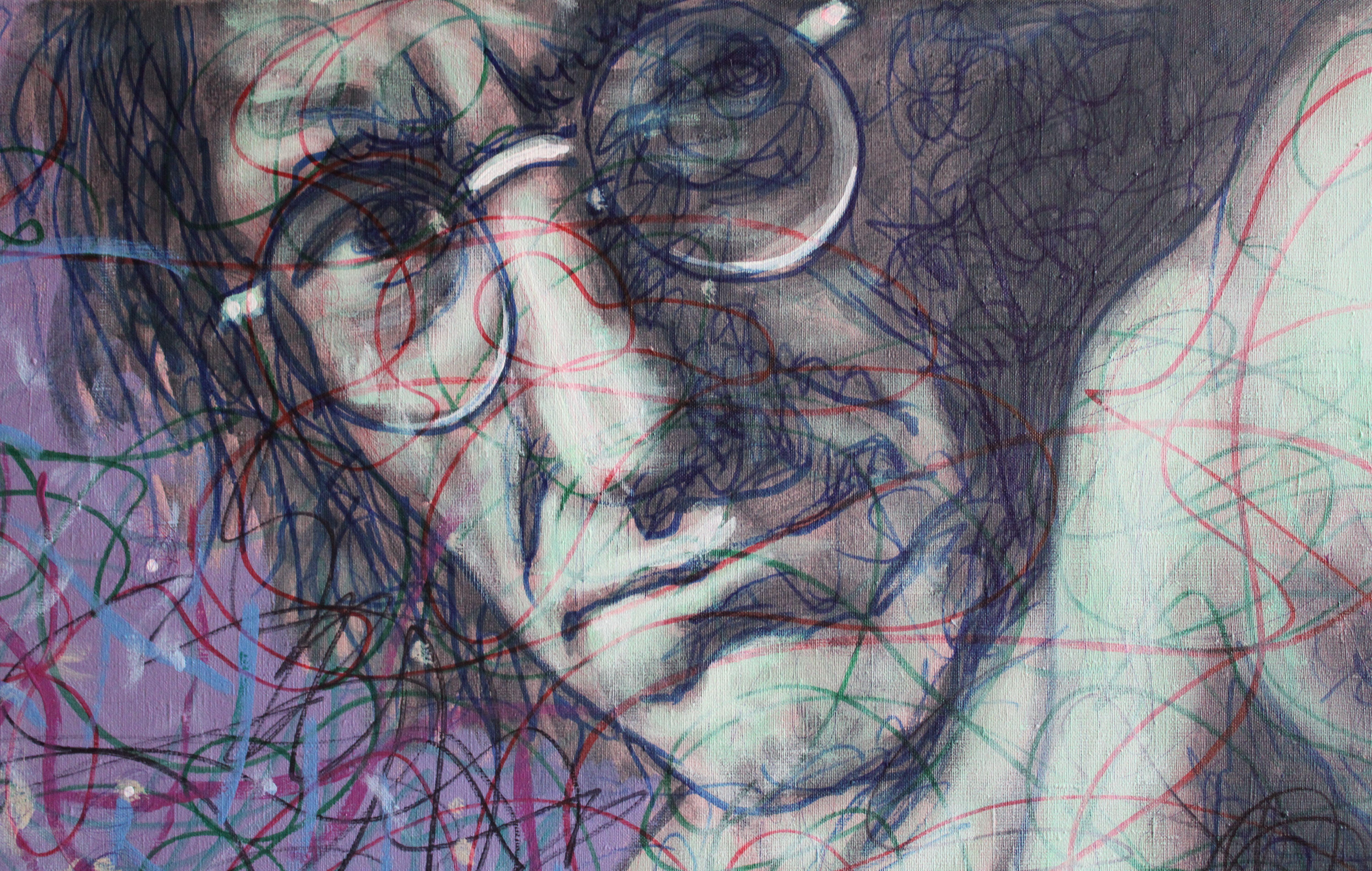 Autorretrato 8  Desnudo masculino 2009, lienzo, acrílico, rotulador 140x98 cm - Painting Contemporáneo de Juris Utans