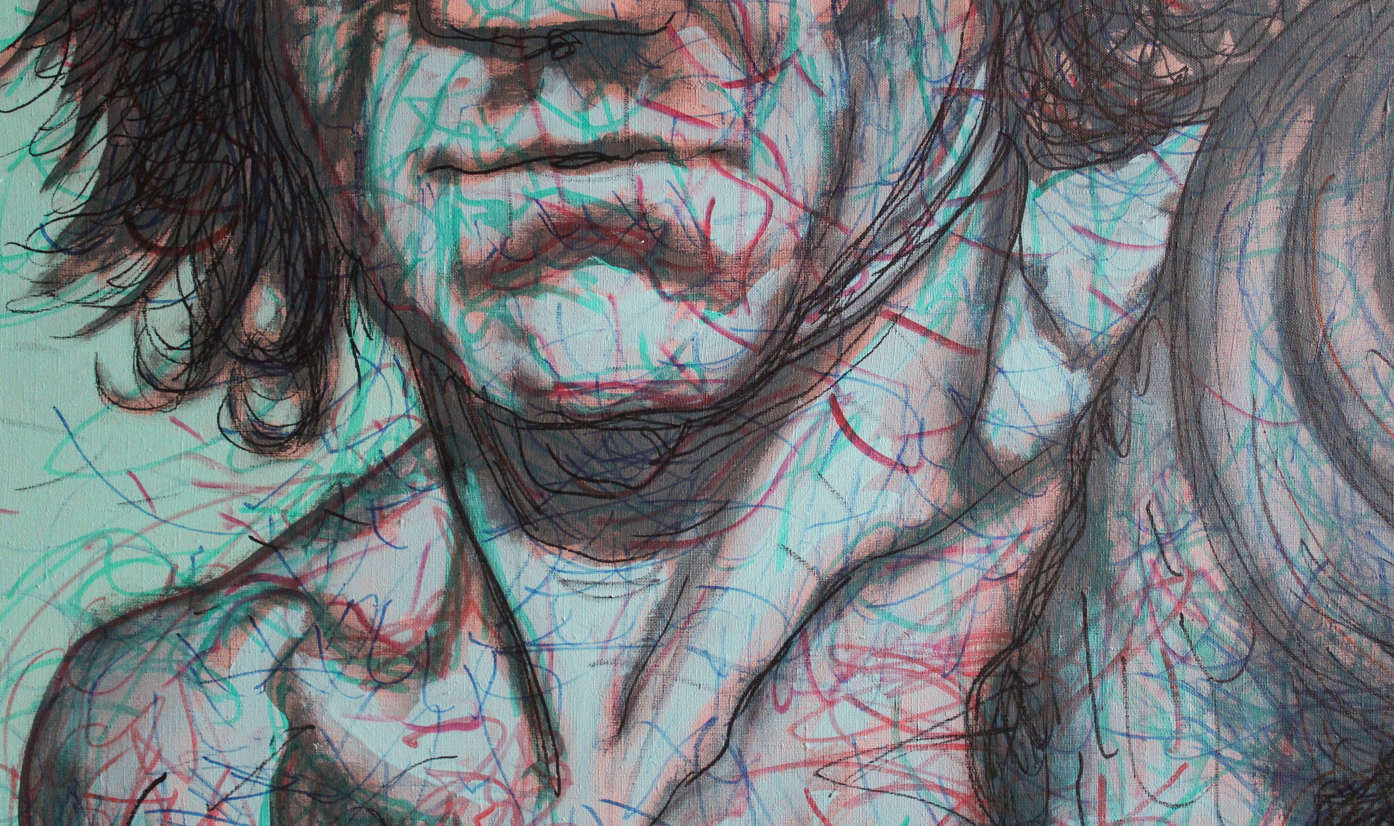 Self-portrait 9  Male nude 2009, canvas, acrylic, felt tip pen 140x98 cm - Contemporary Painting by Juris Utans