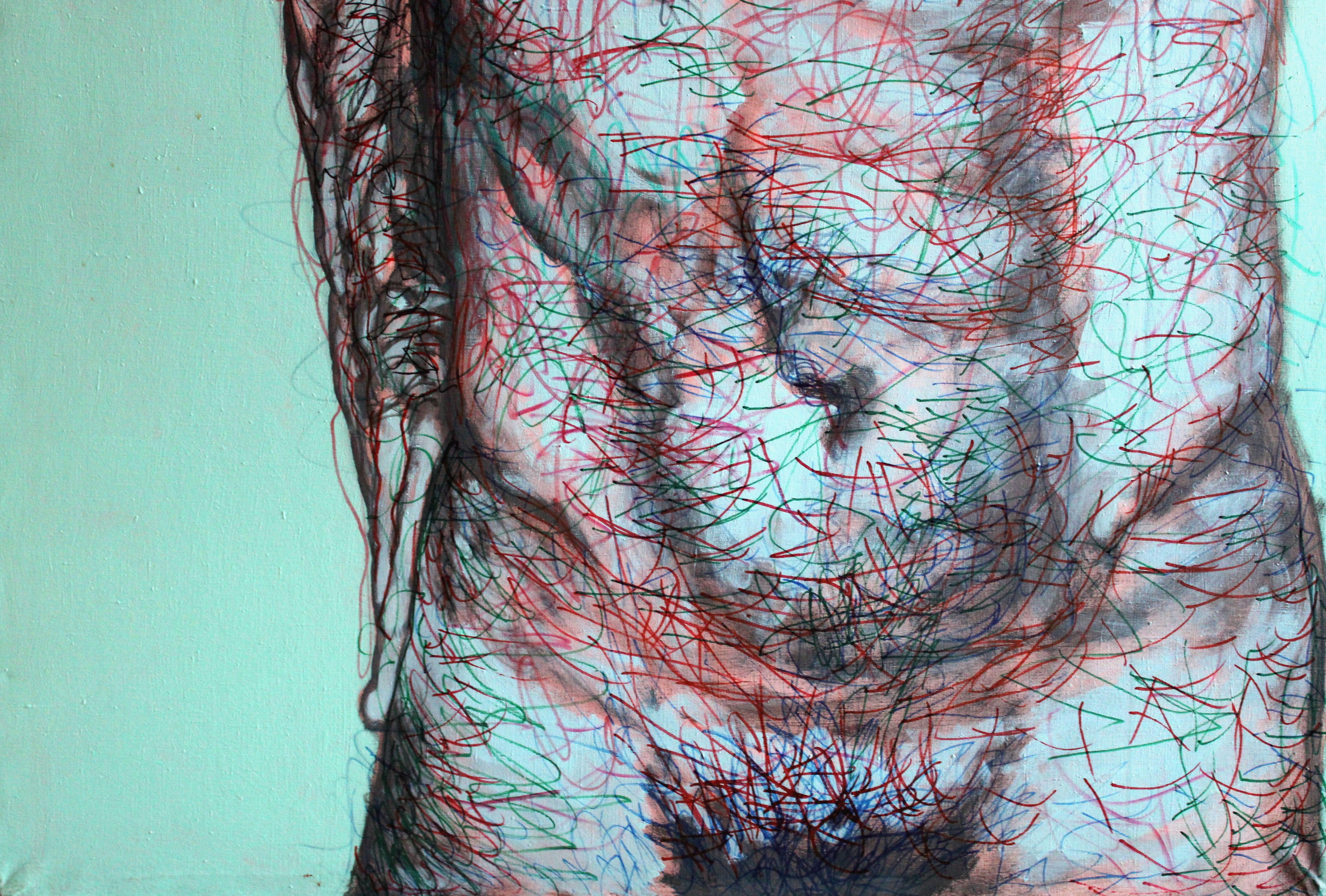 Self-portrait 9  Male nude 2009, canvas, acrylic, felt tip pen 140x98 cm For Sale 3