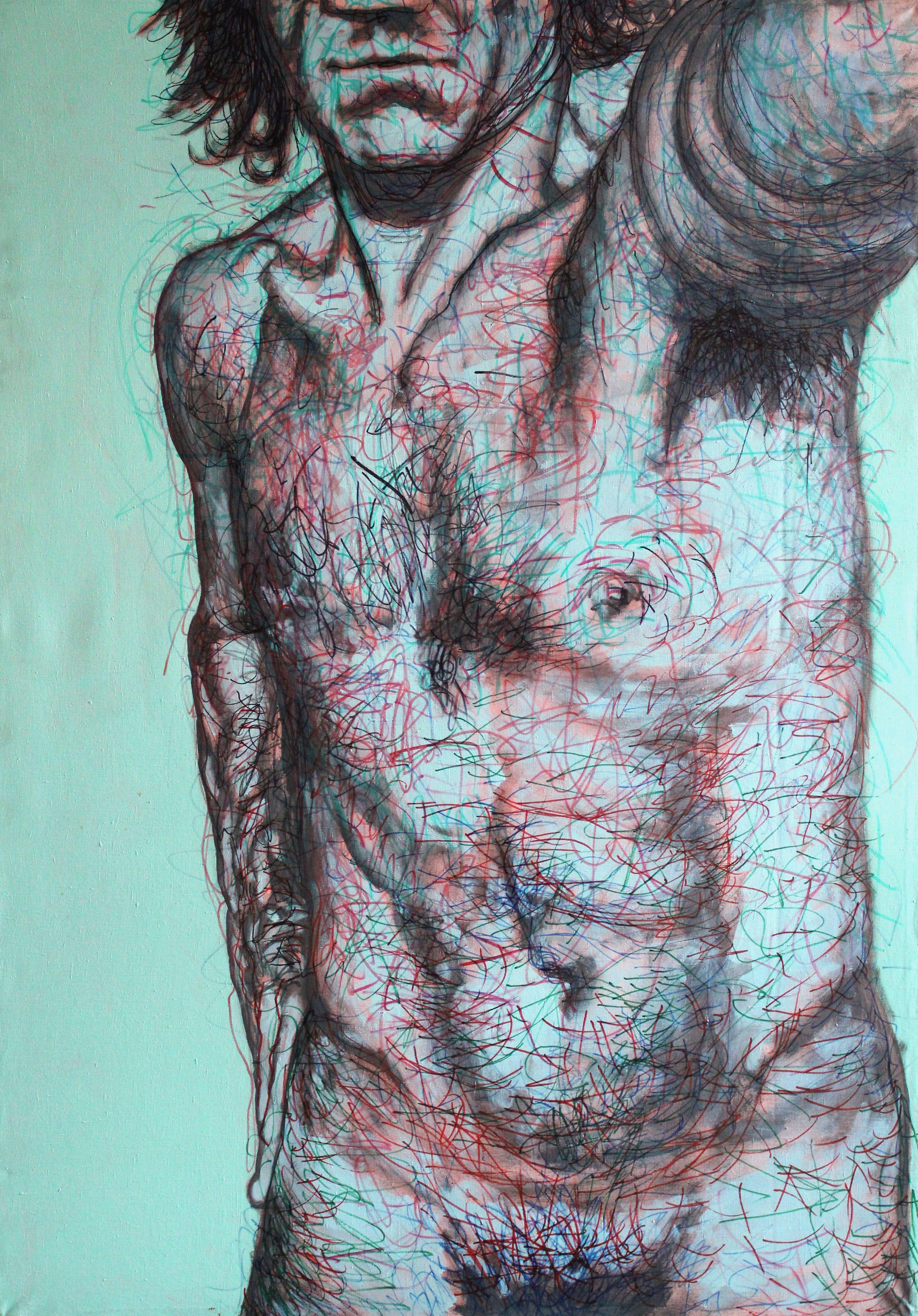 Juris Utans Nude Painting - Self-portrait 9  Male nude 2009, canvas, acrylic, felt tip pen 140x98 cm