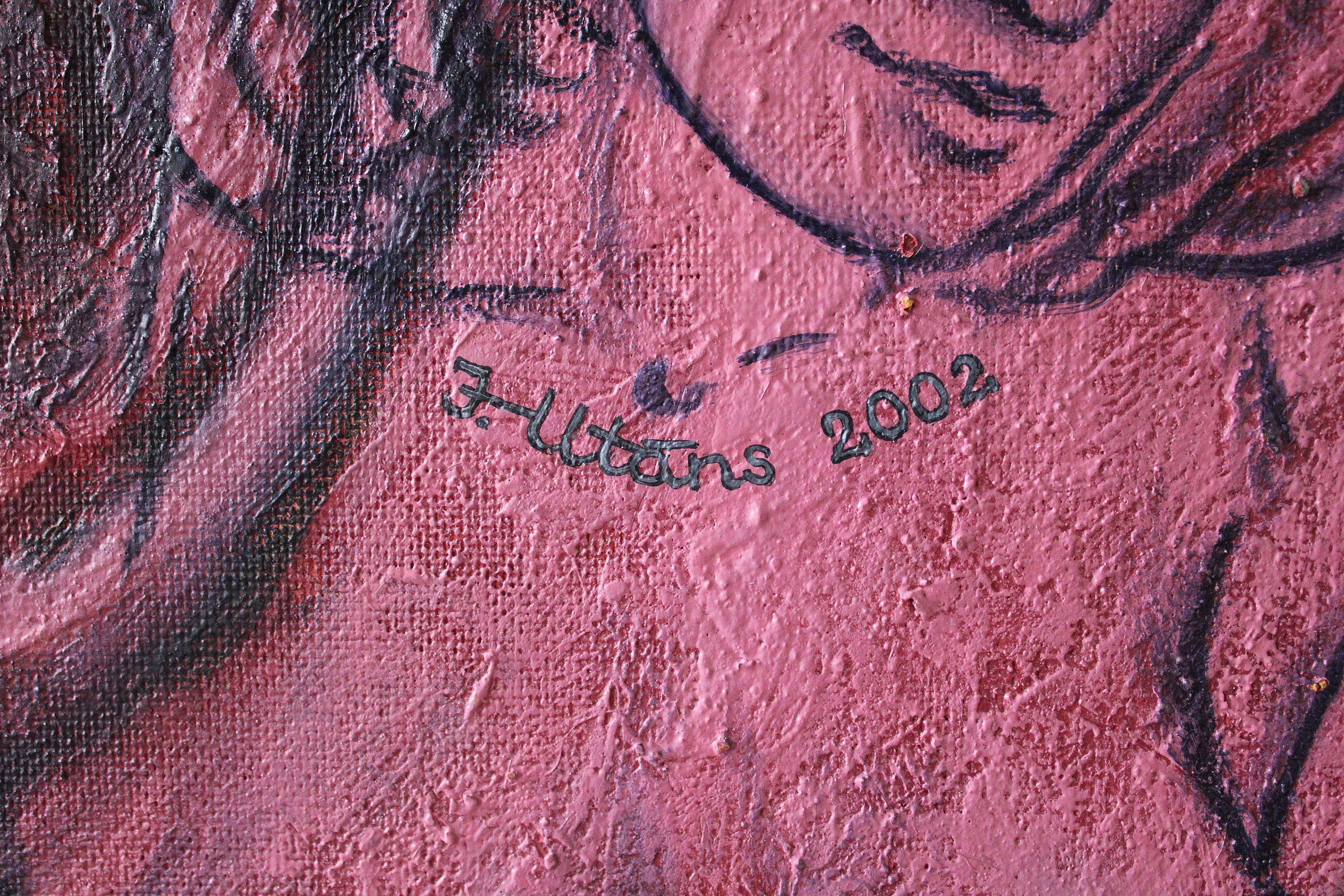 Tattoo me 2  2002., Cardboard, mixed media, 153x117 cm - Purple Nude Painting by Juris Utans