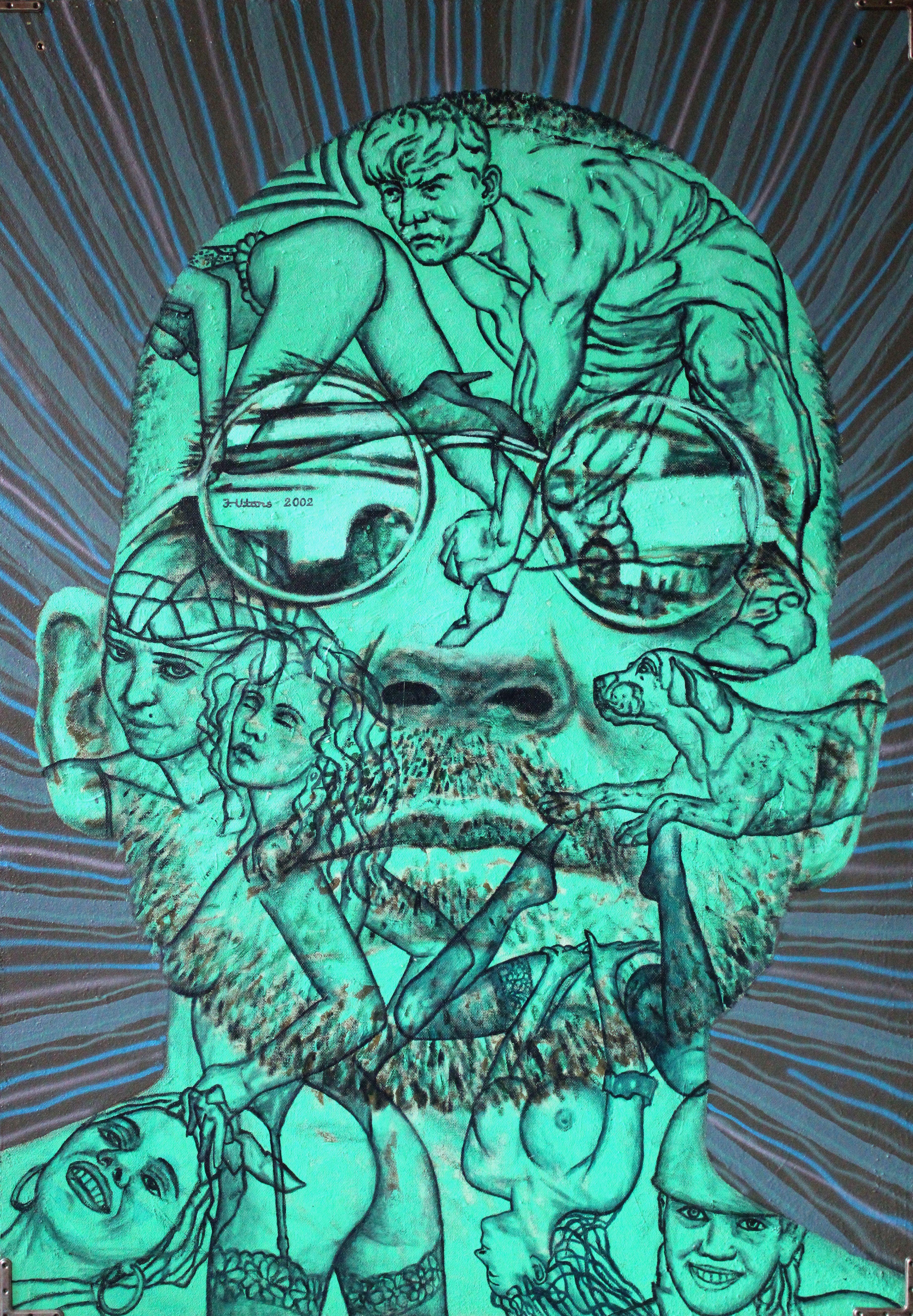 Juris Utans Portrait Painting - Tattoo me 3  2002., Cardboard, mixed media, 153x117 cm