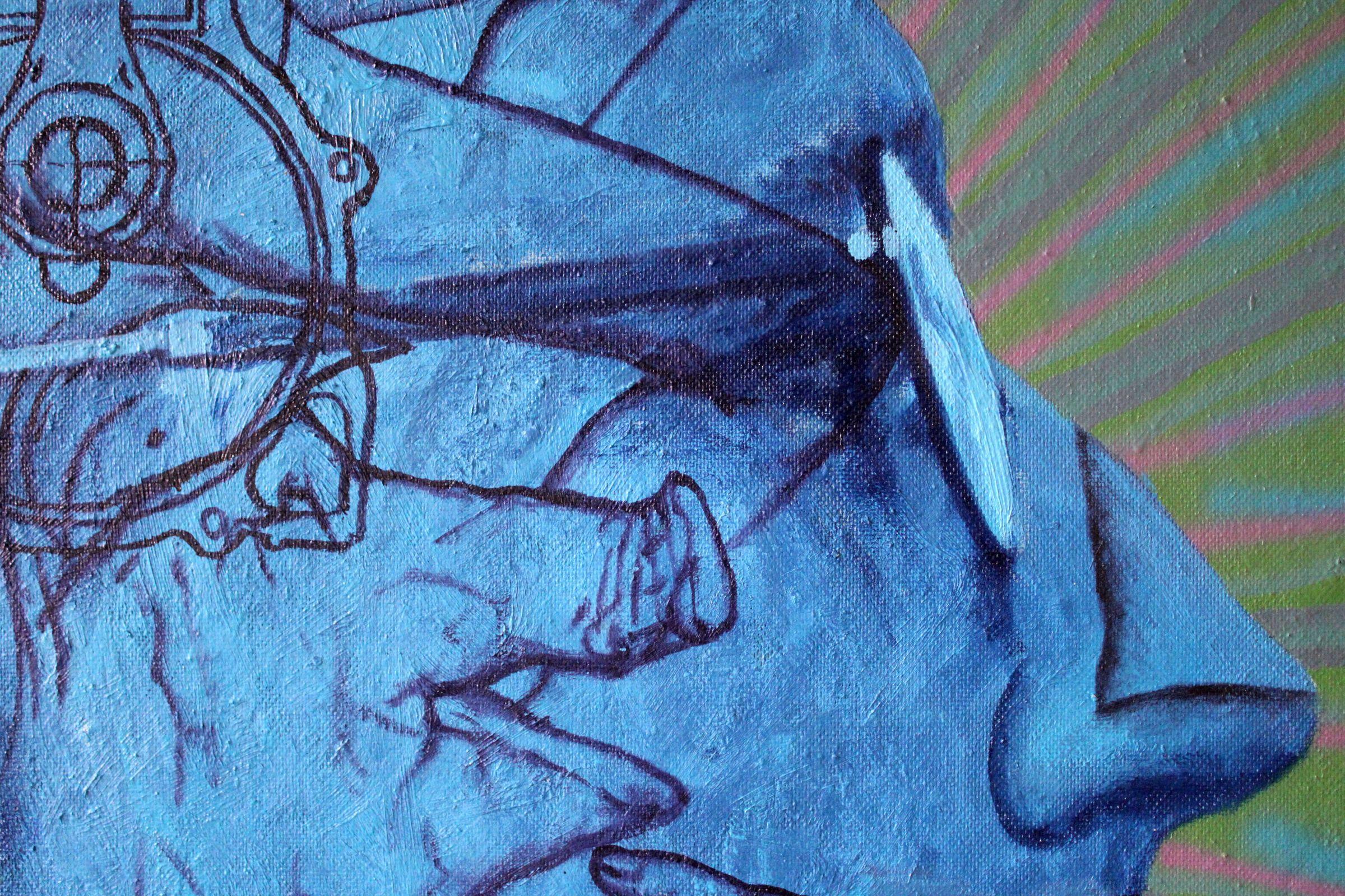 Tätowier mich 4  2002, Karton, Mischtechnik, 153x117 cm (Blau), Portrait Painting, von Juris Utans