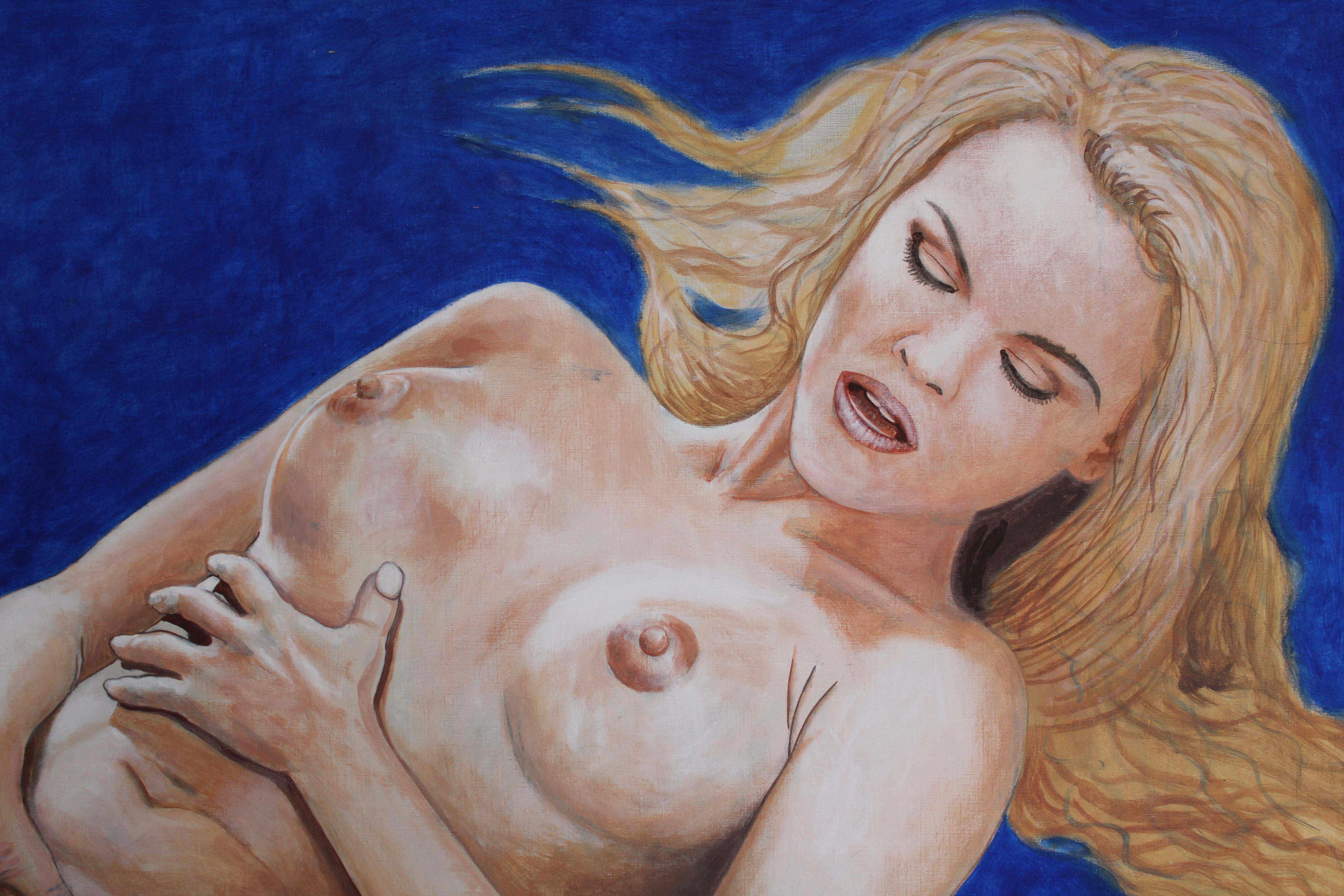 Woman on a blue background. Erotica. 1993. Oil on canvas. 98x140 cm    - Contemporary Painting by Juris Utans