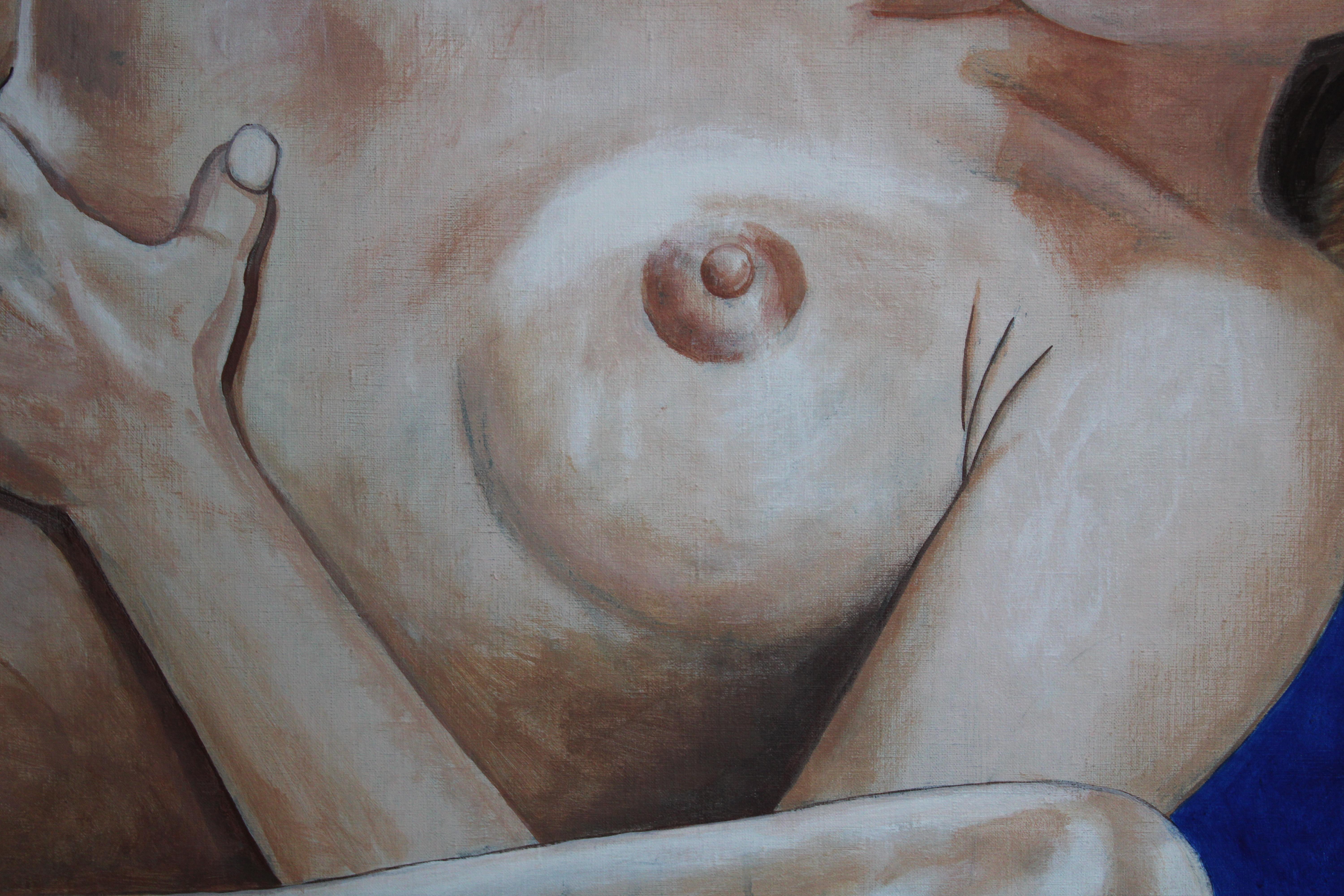 Frau auf blauem Hintergrund. Erotik. 1993. Öl auf Leinwand. 98x140 cm    im Angebot 1
