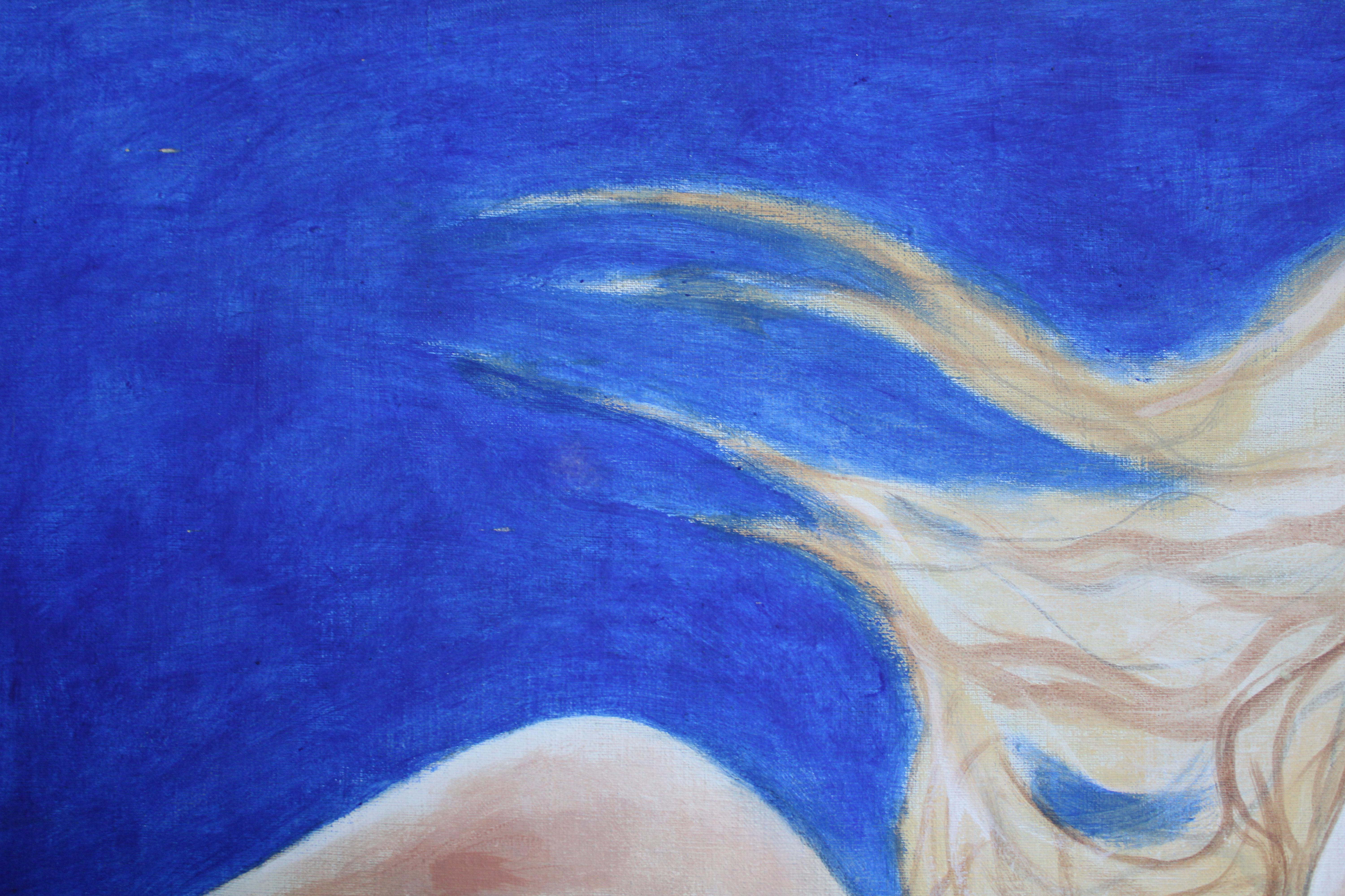 Frau auf blauem Hintergrund. Erotik. 1993. Öl auf Leinwand. 98x140 cm    im Angebot 4