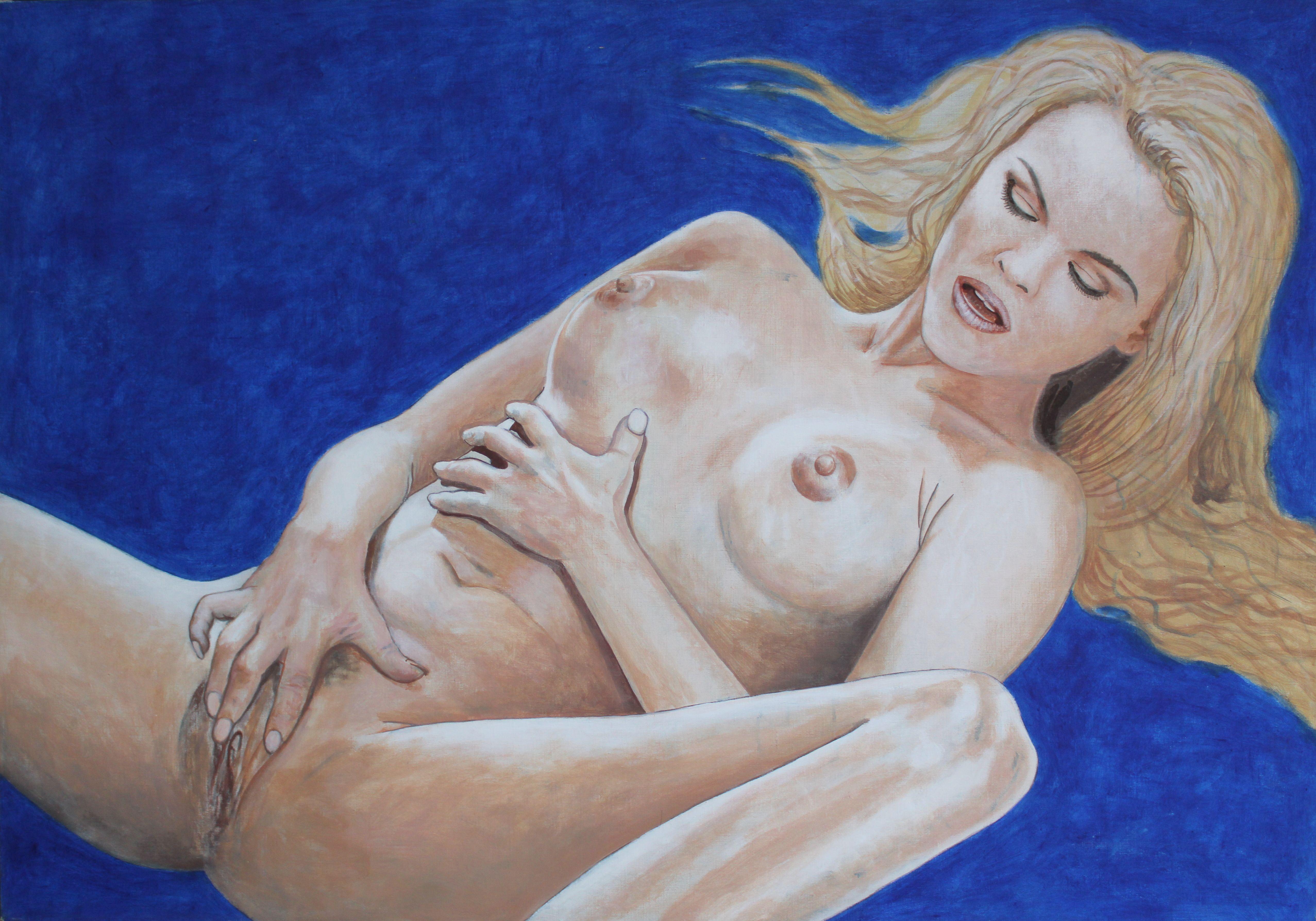 Frau auf blauem Hintergrund. Erotik. 1993. Öl auf Leinwand. 98x140 cm   
