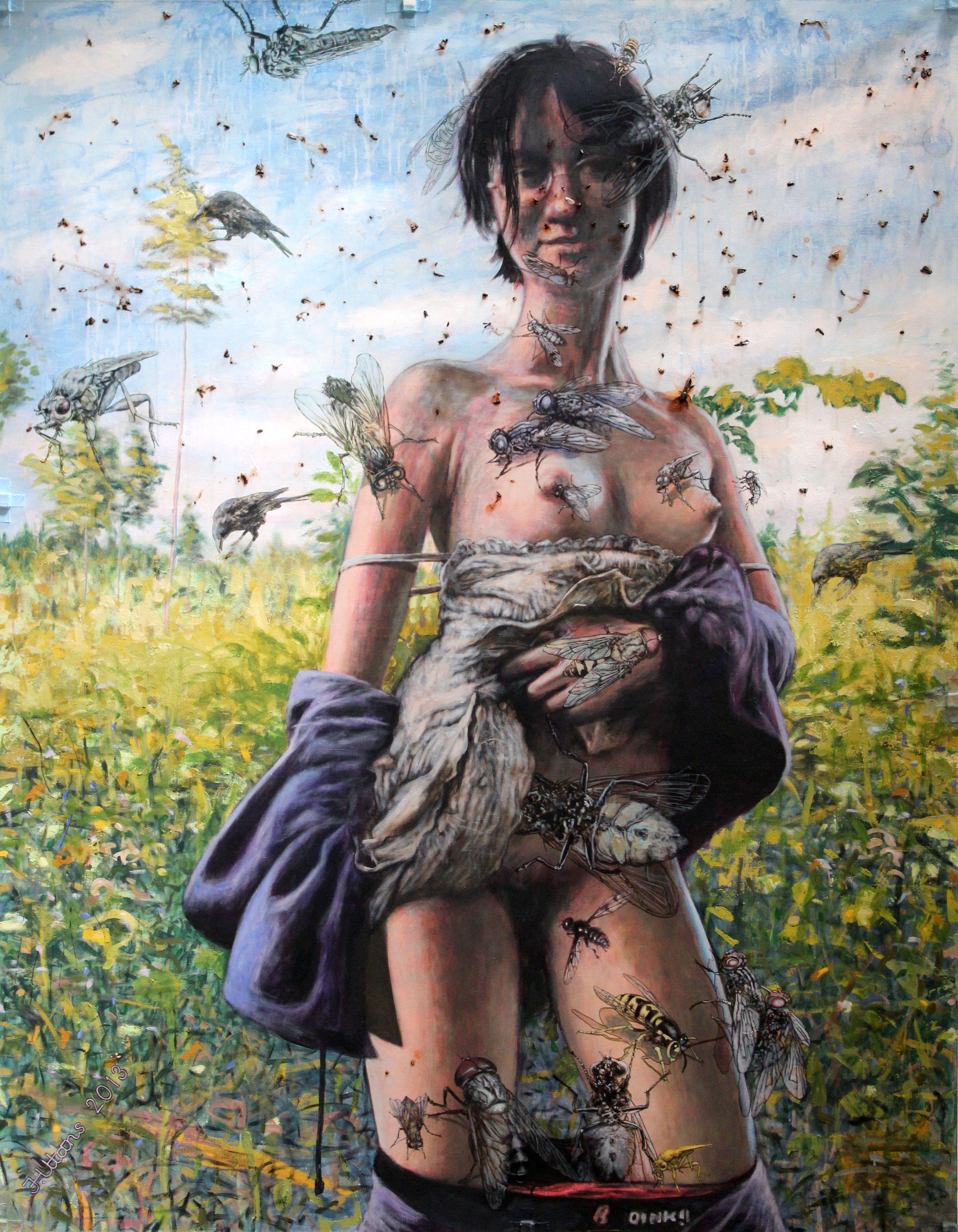 Juris Utans Nude Painting - Young berry collector. Erotica. 2013. Canvas, mixed media, 205X160 cm