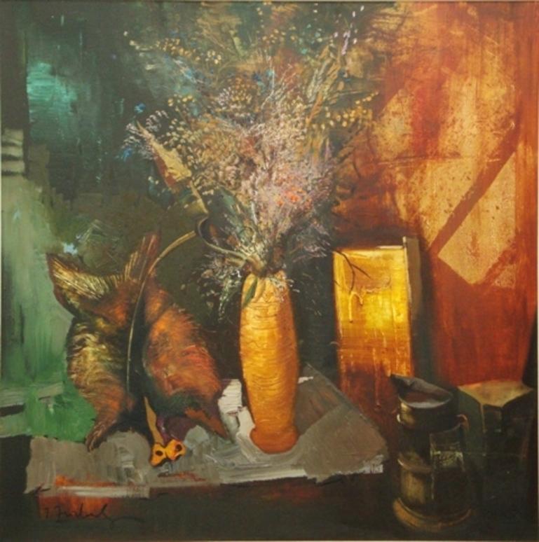 Juris Zvirbulis Interior Painting – Stillleben in Erdfarben. 1986. Öl auf Karton, 94x93 cm