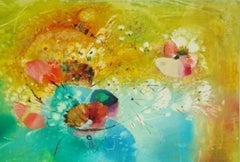 Summer flowers in yellow, green, cyan colors. 1990s.Cardboard, mixed media, 73x100cm