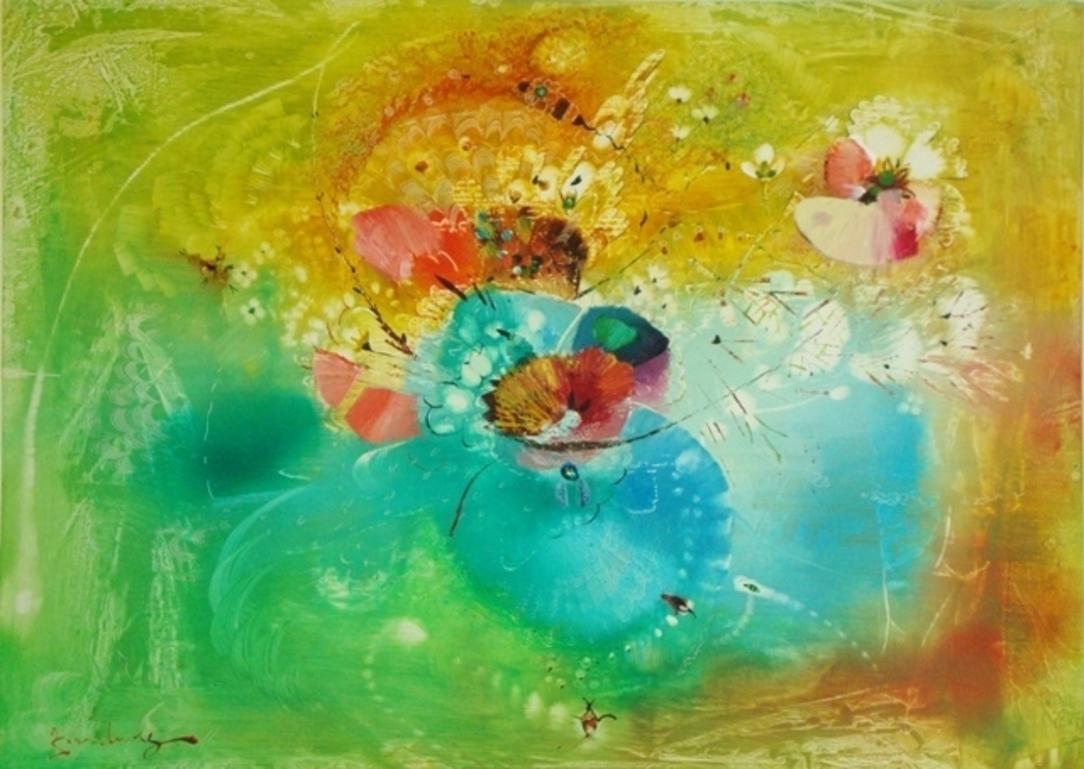 Still-Life Painting di Juris Zvirbulis - Fiori estivi nei colori giallo, verde e ciano. Anni '90.Cartone, tecnica mista, 73x100cm