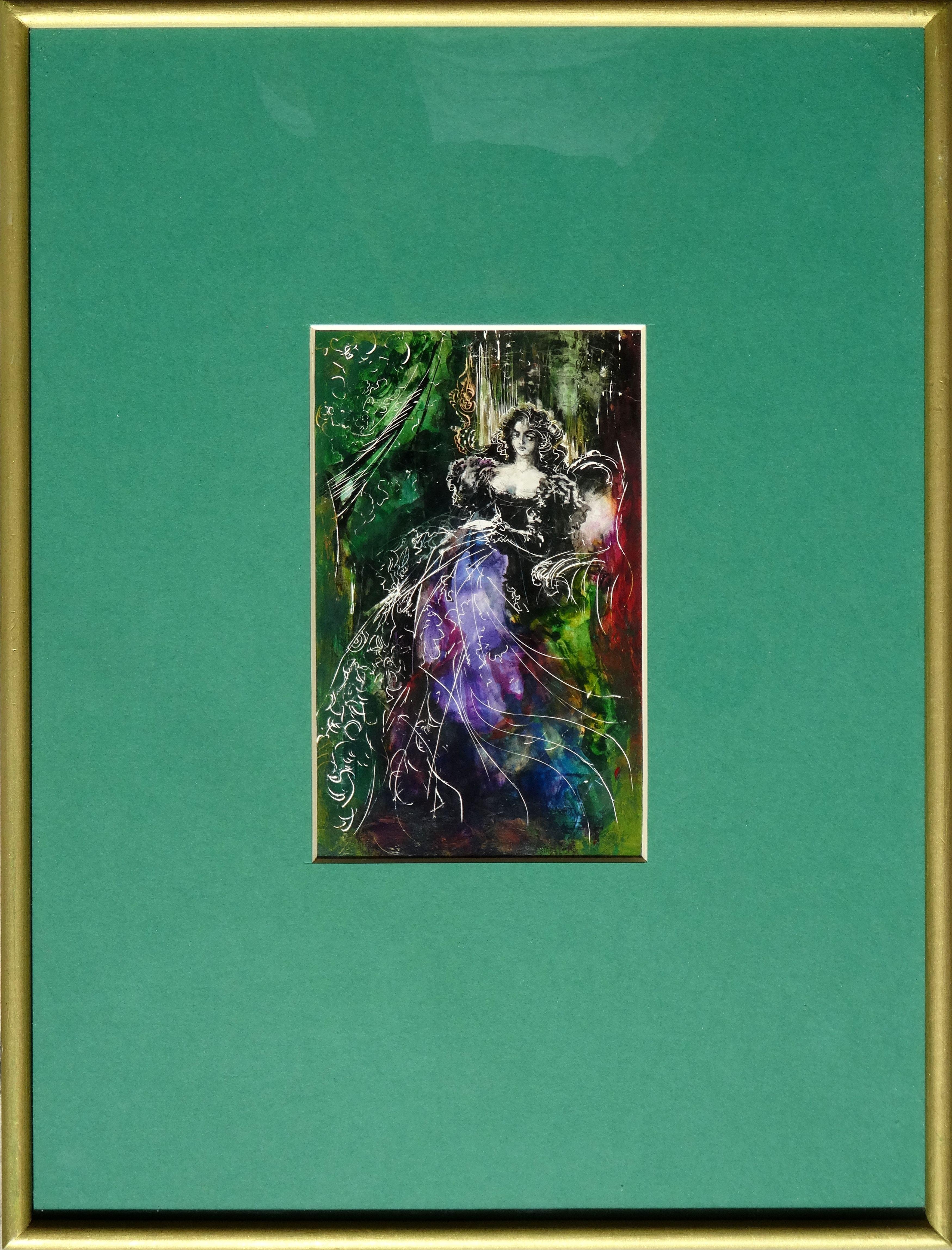 Die Dame auf dem Stuhl. 1978. Papier, gemischte Medien, 20x12 cm – Painting von Juris Zvirbulis