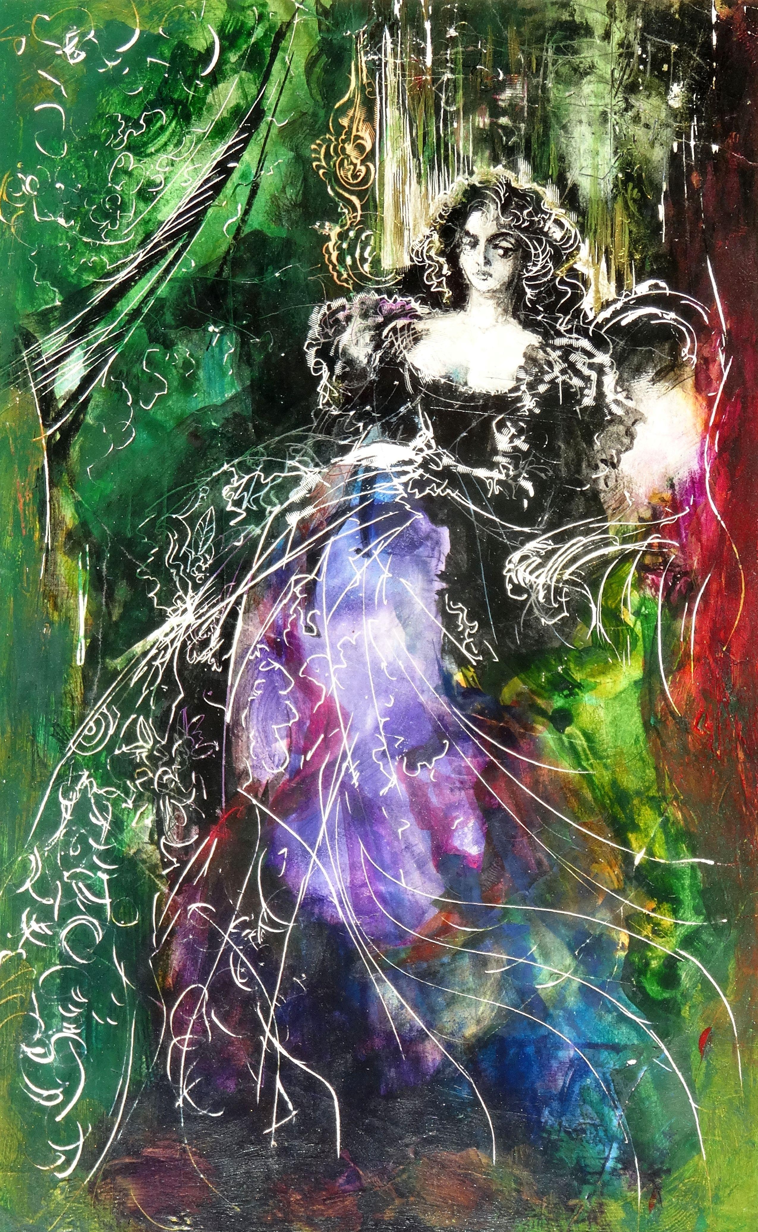 Juris Zvirbulis Figurative Painting – Die Dame auf dem Stuhl. 1978. Papier, gemischte Medien, 20x12 cm