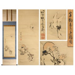 Antique Jurojin Flying Crane Scene Edo Period Scroll Japan 19c Artist Saeki Kishi Ganku