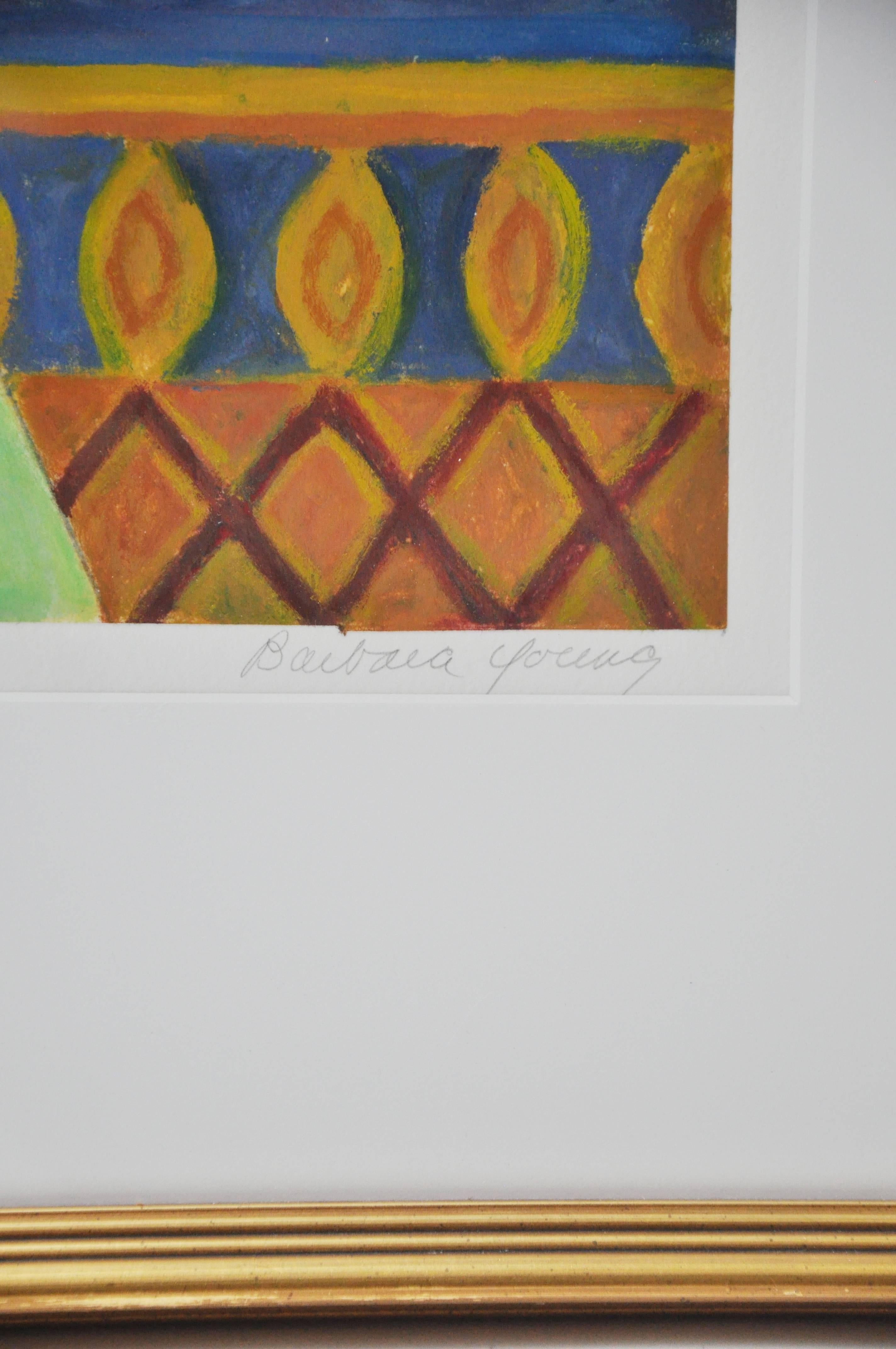 This is a monotype in blues, greens, and oranges titled Just a Few Flowers I. It is framed in gold with a white mat. This is a monotype artwork in oranges and blues signed by Barbara Young. White matted and framed in gold. This is a vibrant monotype