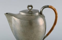 Just Andersen, Denmark, Art Deco Tin Coffee Pot with Wicker Handle