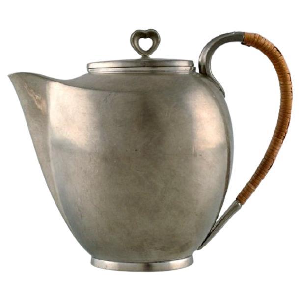 Just Andersen, Denmark, Art Deco Tin Coffee Pot with Wicker Handle
