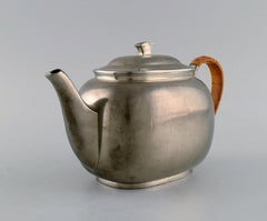 Just Andersen, Denmark, Art Deco Tin Teapot with Wicker Handle