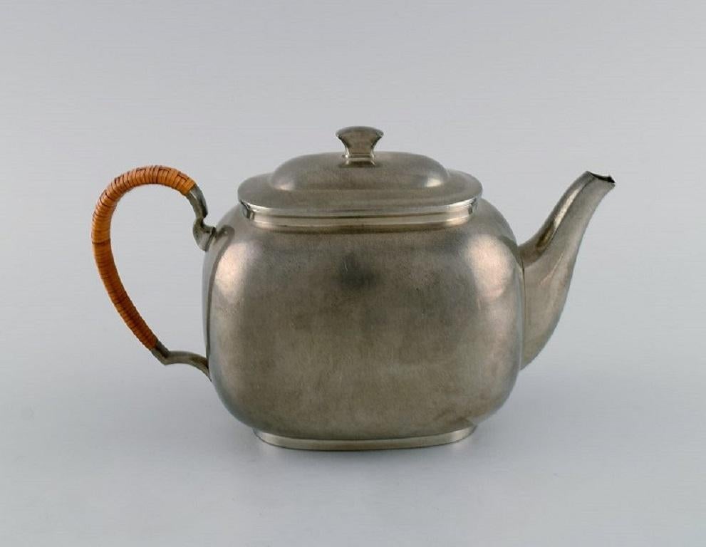 Just Andersen, Denmark, Art Deco Tin Teapot with Wicker Handle In Excellent Condition In Copenhagen, DK