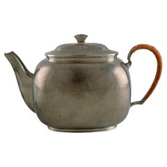 Just Andersen, Denmark, Art Deco Tin Teapot with Wicker Handle