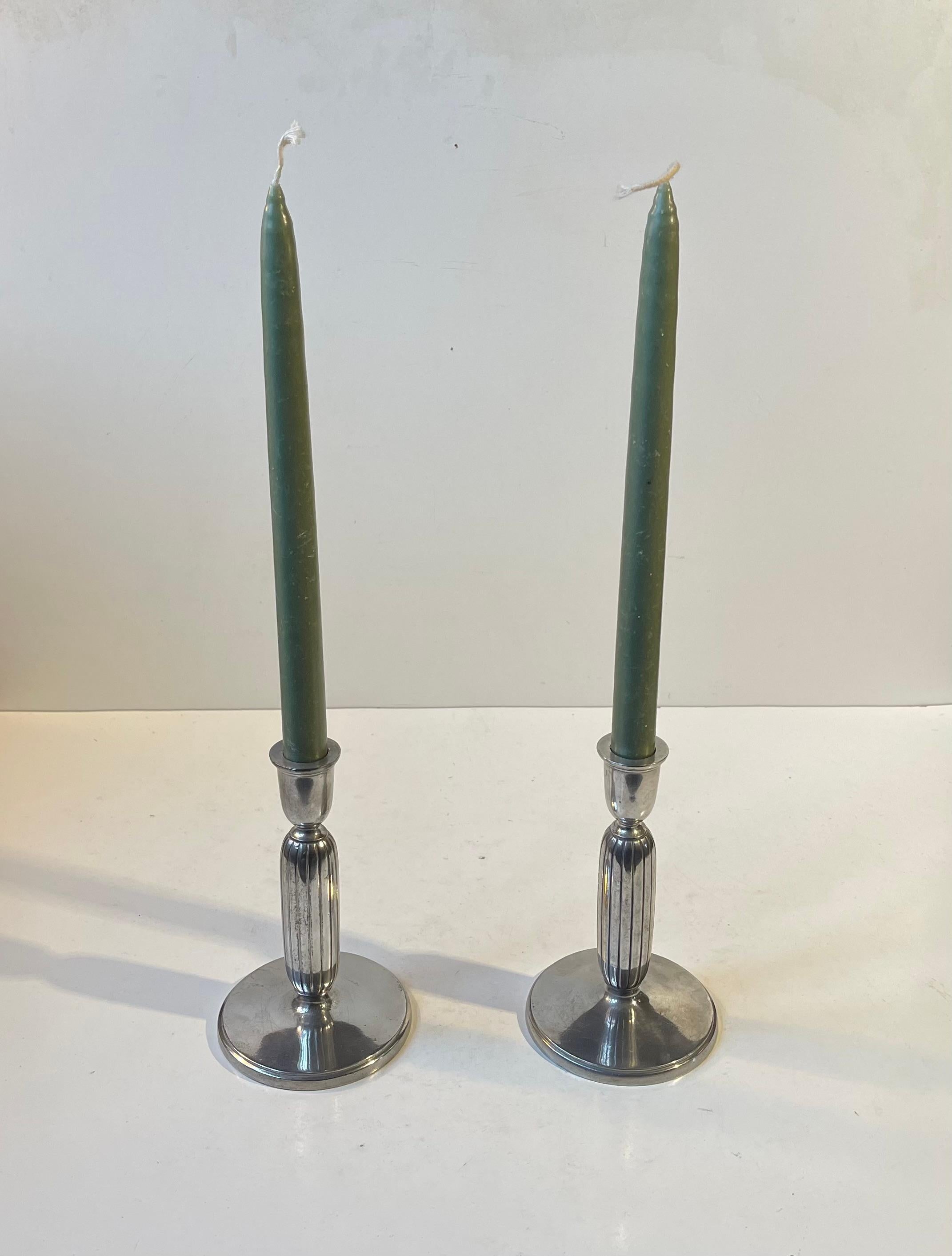 Danish Just Andersen - a Pair of Art Deco Column Candlesticks in Pewter, 1930s For Sale