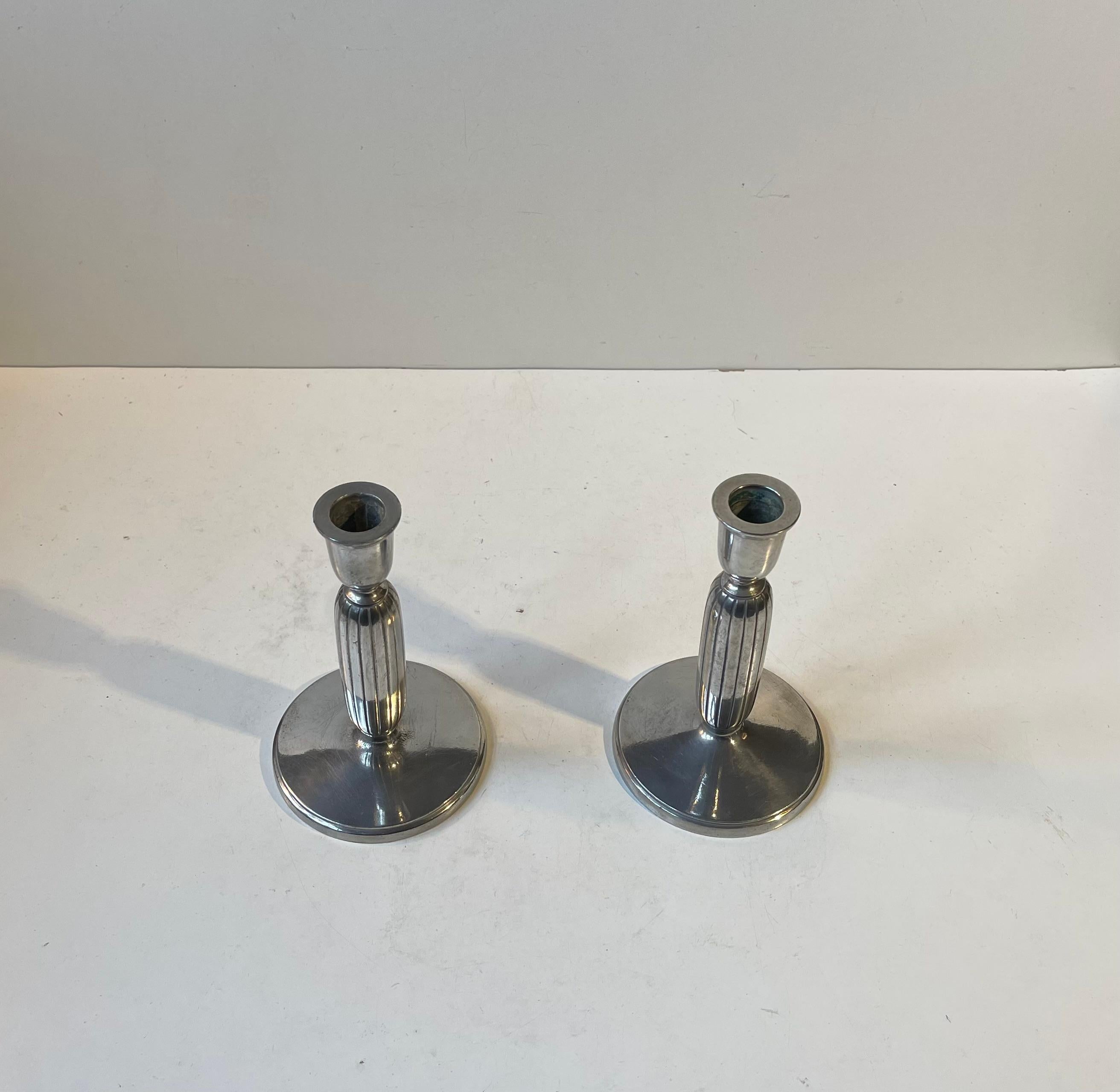Cast Just Andersen - a Pair of Art Deco Column Candlesticks in Pewter, 1930s For Sale