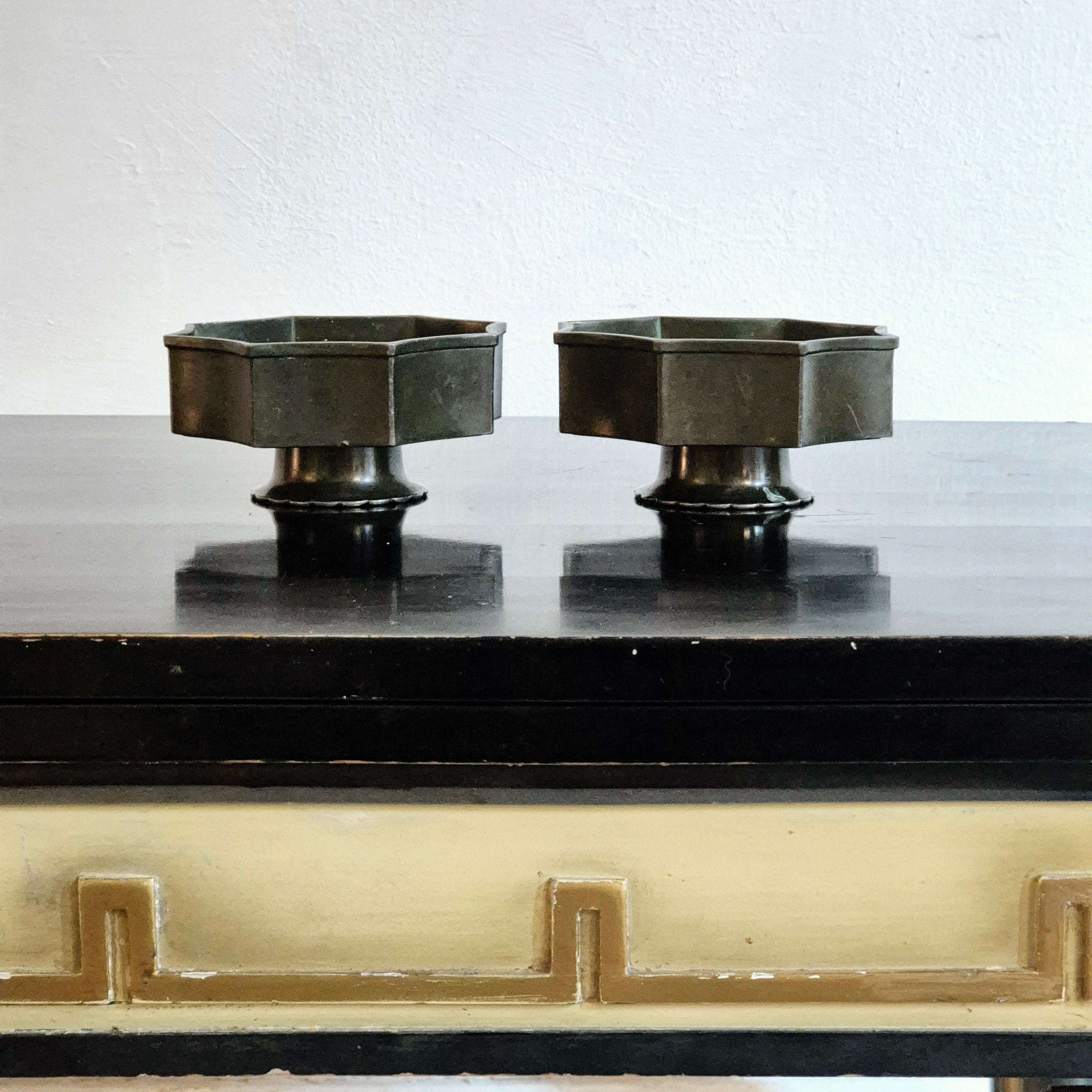 Just Andersen, a pair of bowls / candle holders in Disko Metal, Danish Grace For Sale