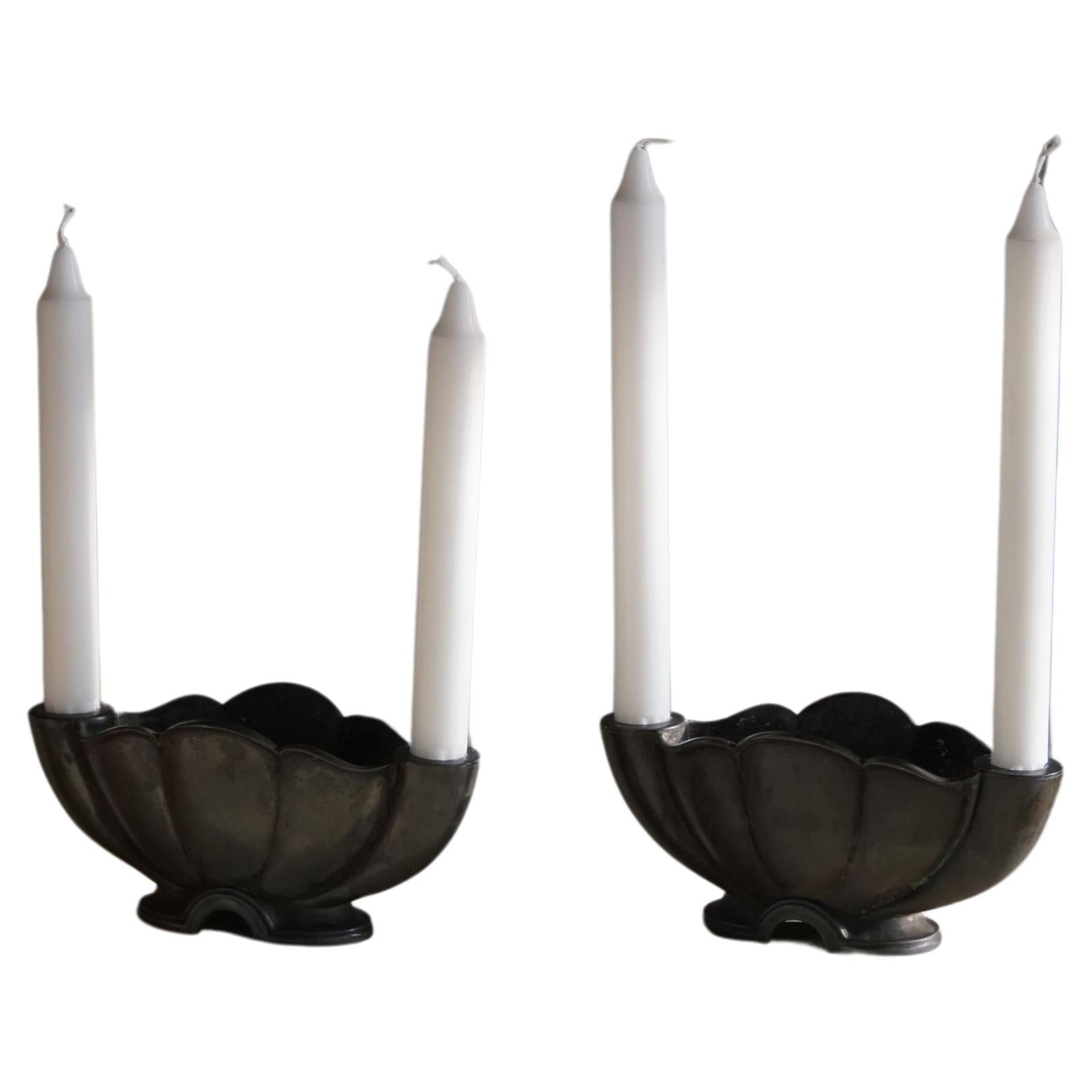 Just Andersen, A Pair of Candle Holders in Diskometal, Danish Art Deco, 1920s