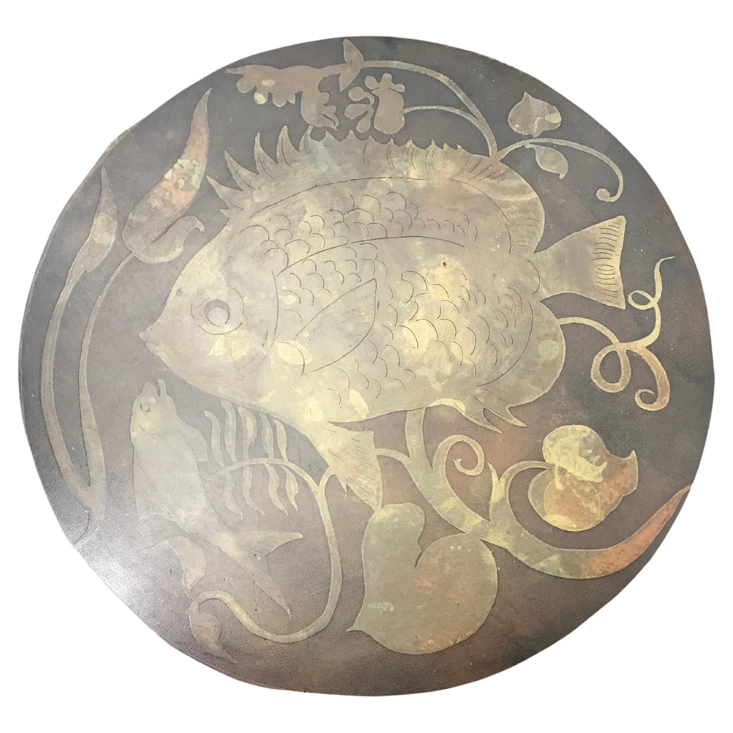 Just Andersen Art Deco 1930 Danish Bronze Inlaid Bowl Stylized Fish Rich Patina