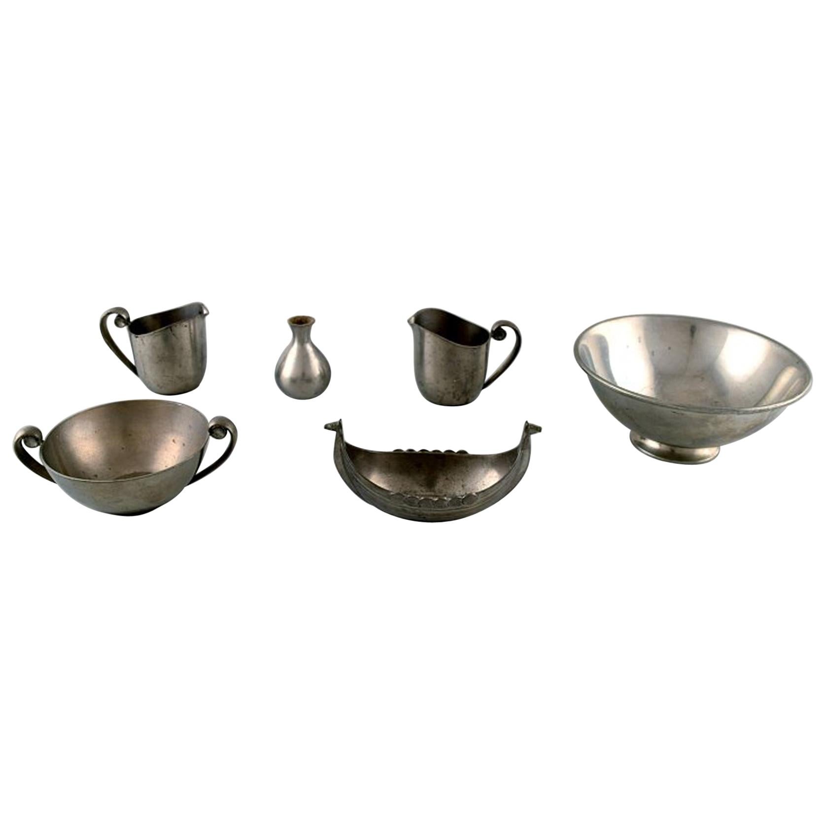 Just Andersen Art Deco Collection of Bowls, Vases and Creamers in Pewter
