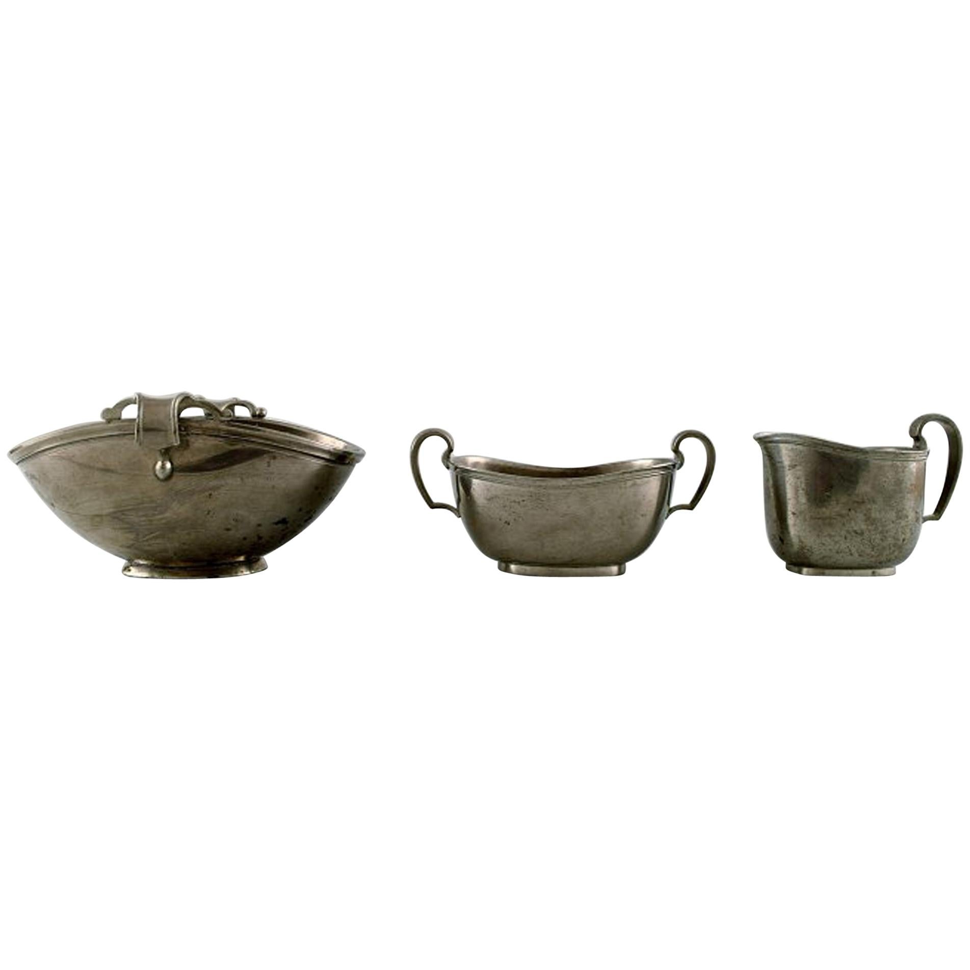 Just Andersen Art Deco, Creamer/Sugar Set and Bowl with Hank in Pewter