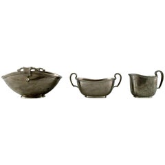 Vintage Just Andersen Art Deco, Creamer/Sugar Set and Bowl with Hank in Pewter