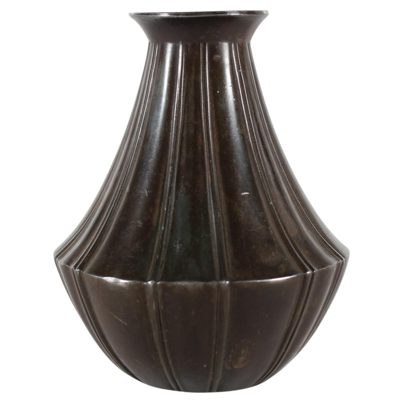 Just Andersen Art Deco Decorative Vase of Disco Metal with Brown Patina, 1930s For Sale