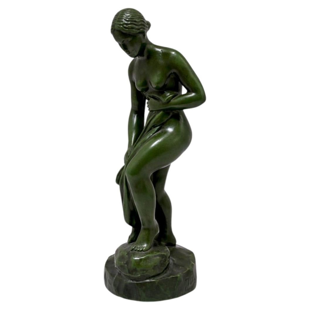 Just Andersen Scultura femminile nuda in metallo Art Deco, Danimarca, anni '30