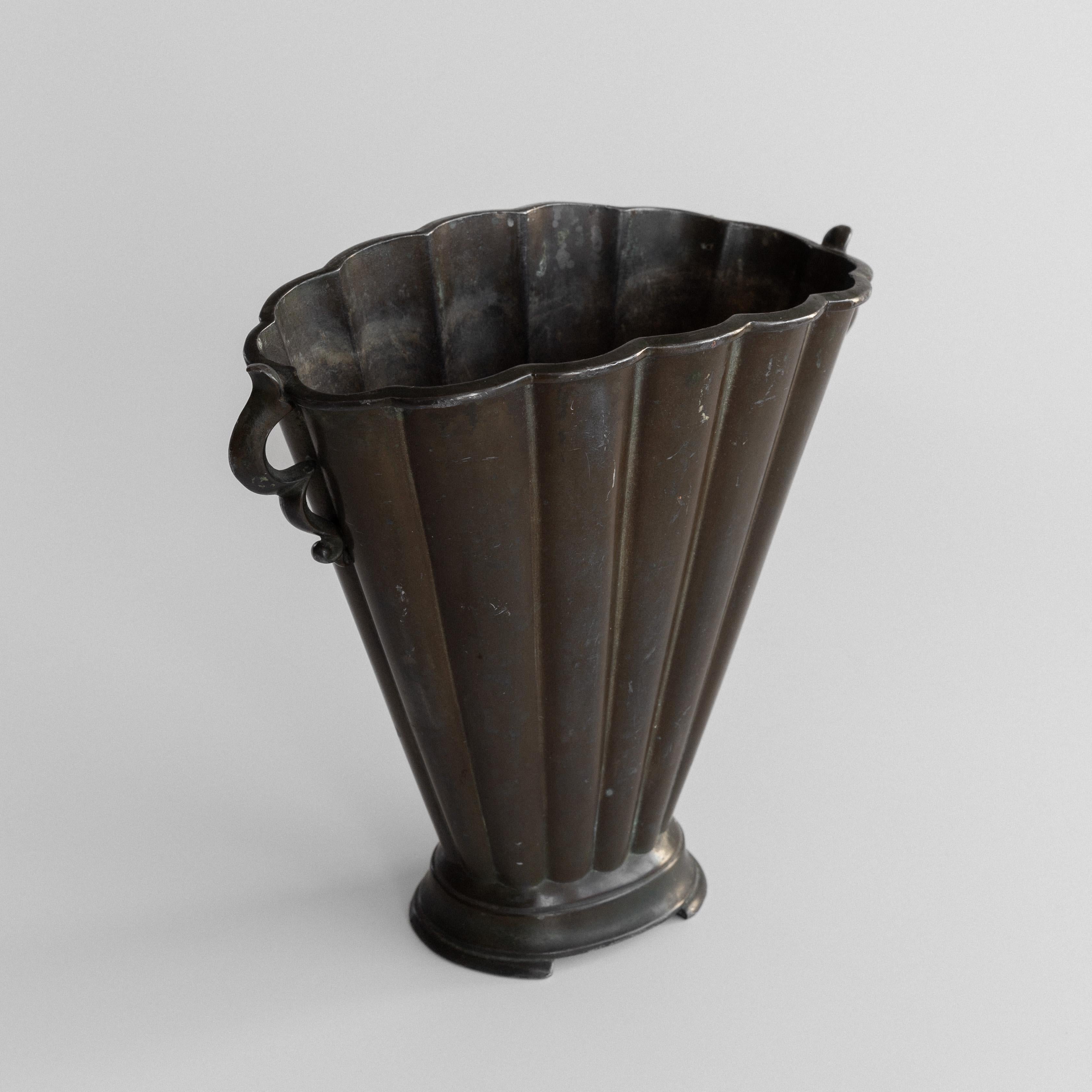 Danish Just Andersen Art Deco Diskometal Fluted Vase with Handles, Denmark 1930s