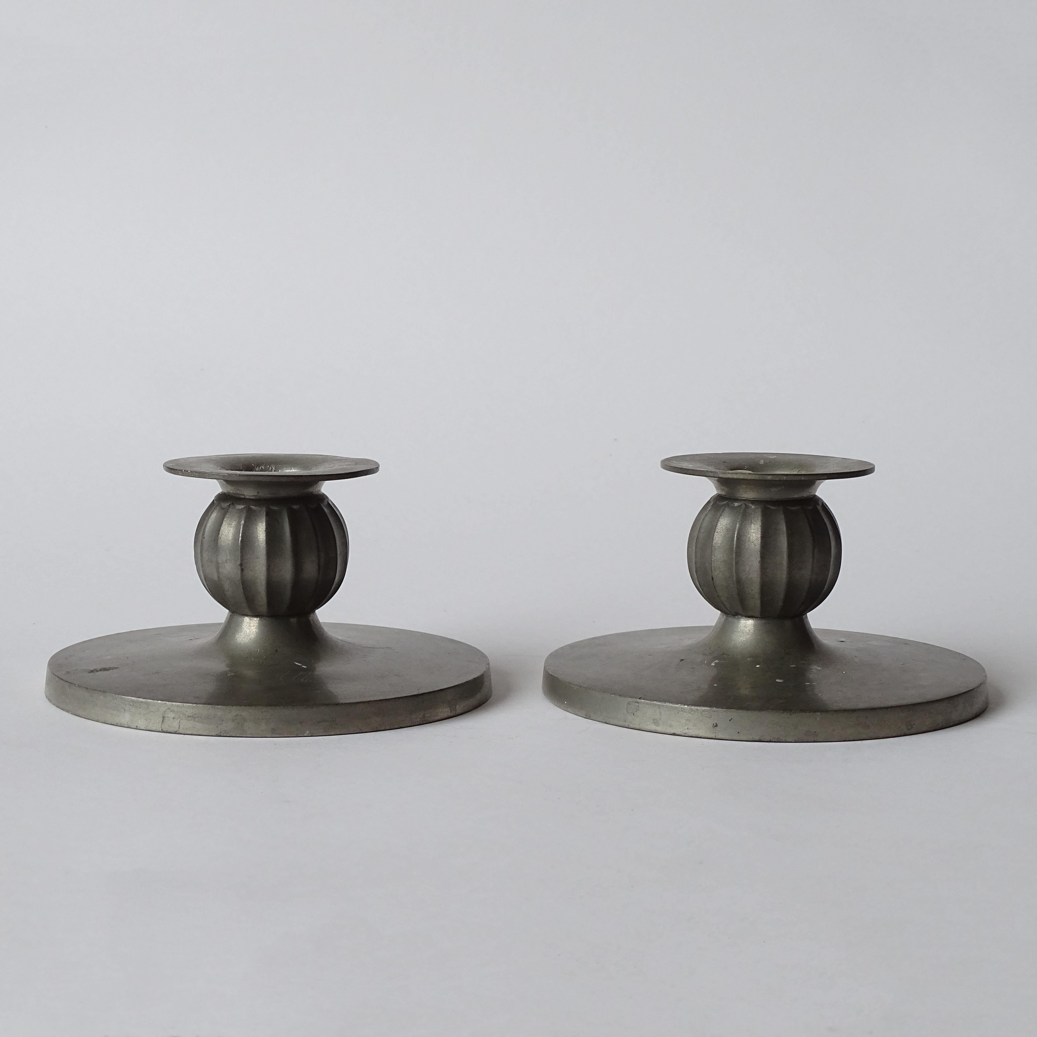 Danish Just Andersen Art Deco Pair of Pewter Candlesticks, Denmark 1930s For Sale