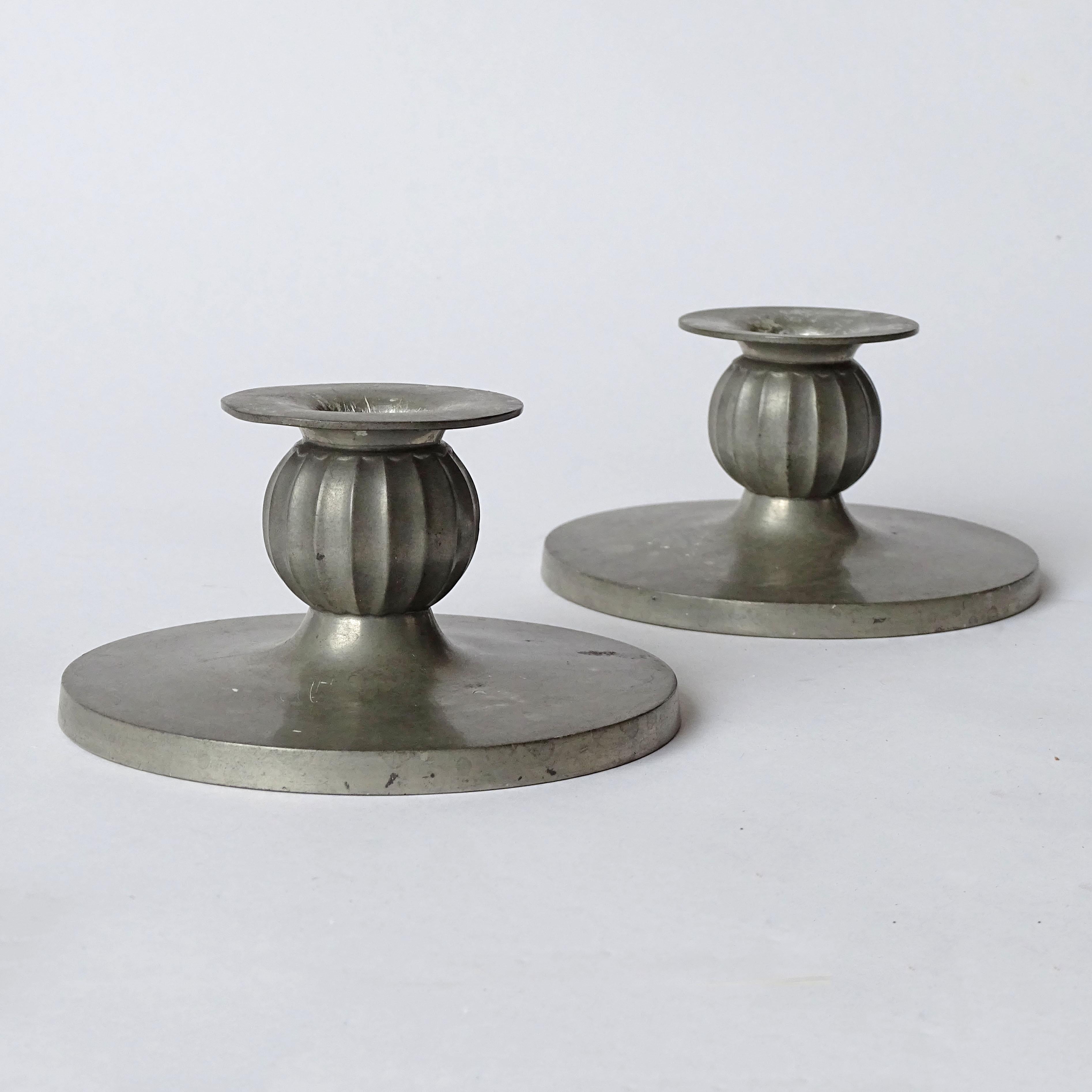Just Andersen Art Deco Pair of Pewter Candlesticks, Denmark 1930s For Sale 4
