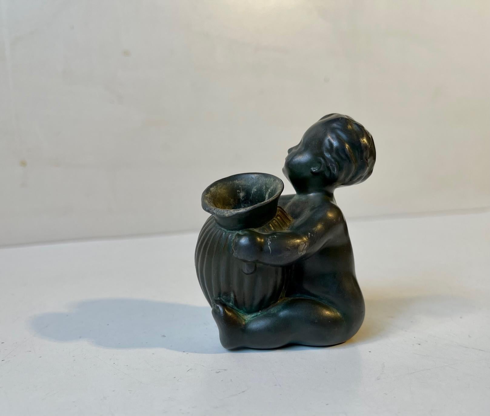 Patinated Just Andersen Baby Girl Figurine with Pen-Holder, 1930s Art Deco For Sale