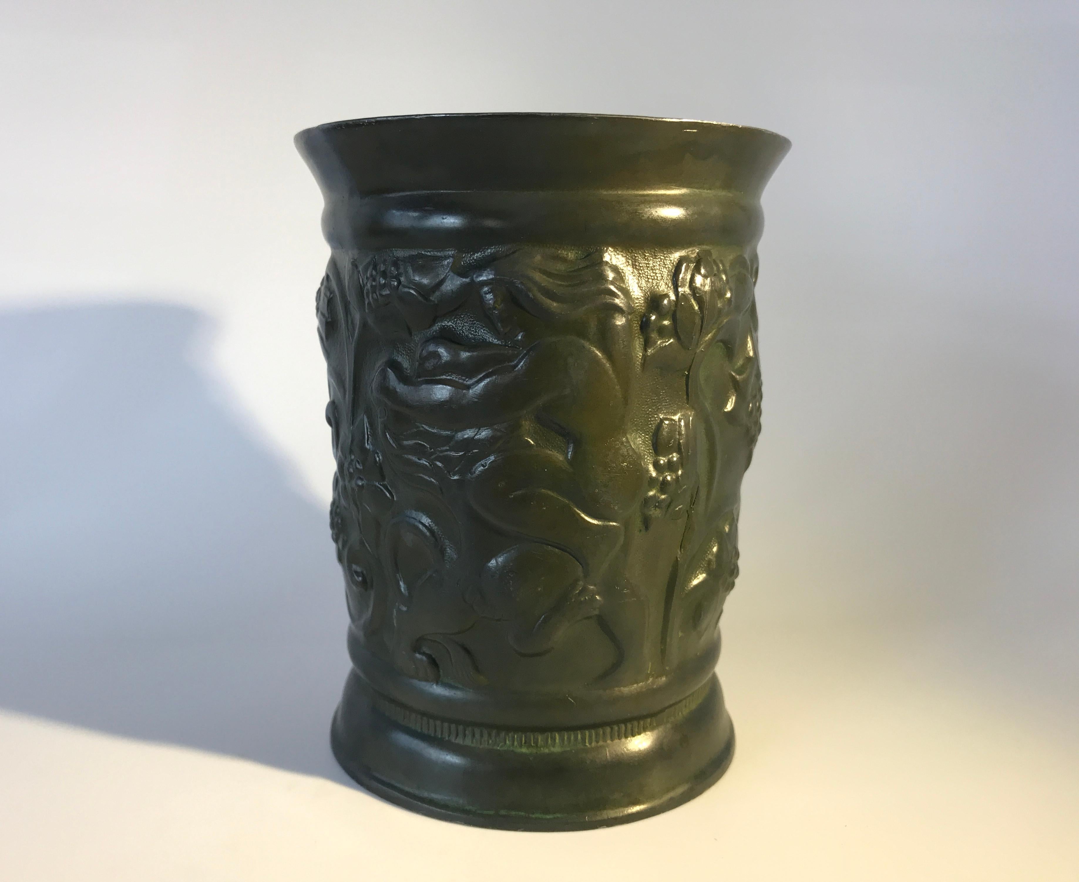 Just Andersen of Denmark, Art Deco Disko metal ware vase featuring a Samson and Delilah scene
Great dark Disco patina and a heavyweight piece from Andersen
Scandinavian metal ware at its best
Stamped and numbered 159 to base,
circa 1930s
In