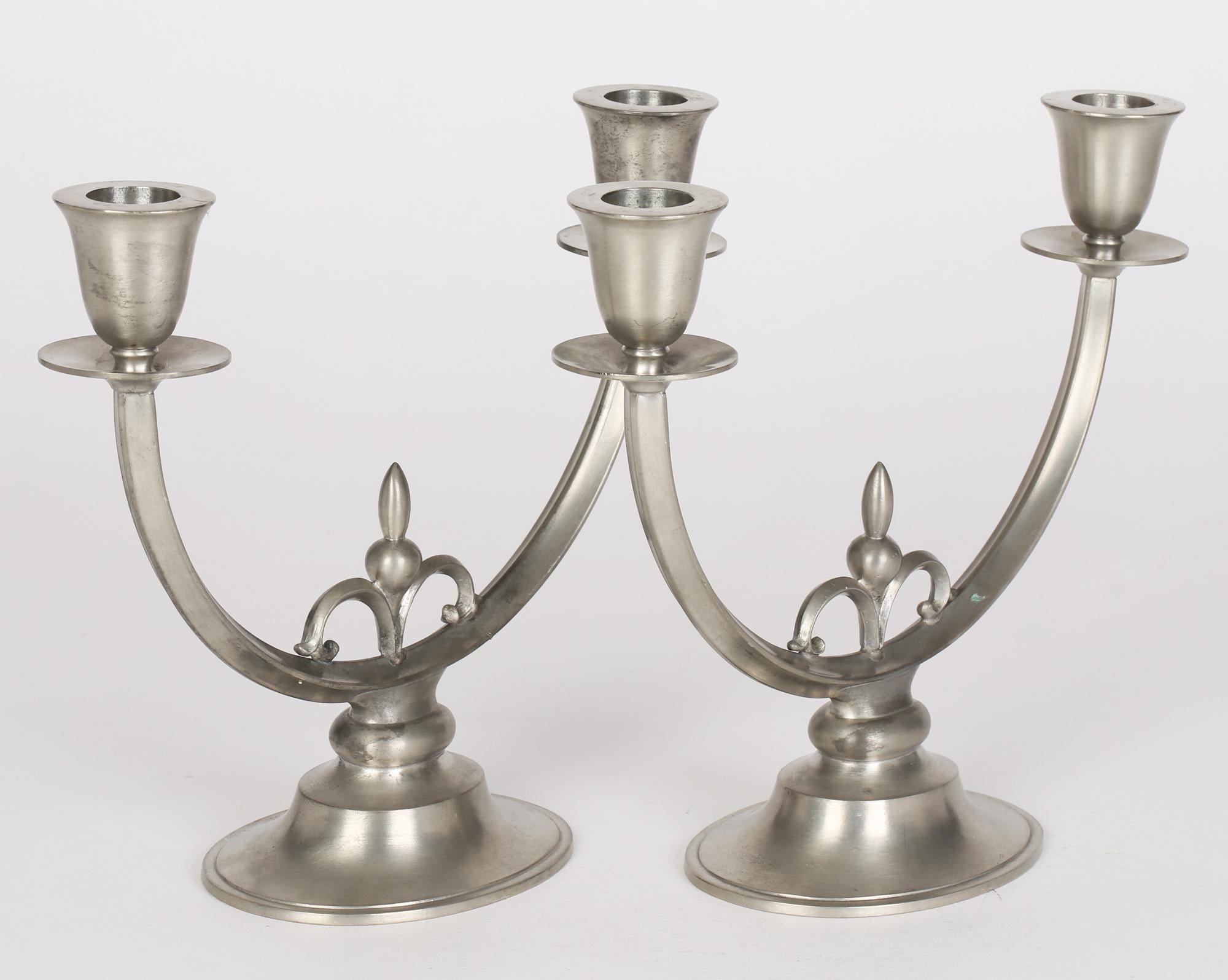 Just Andersen Danish Art Deco Pair Pewter Double Candlesticks For Sale 5